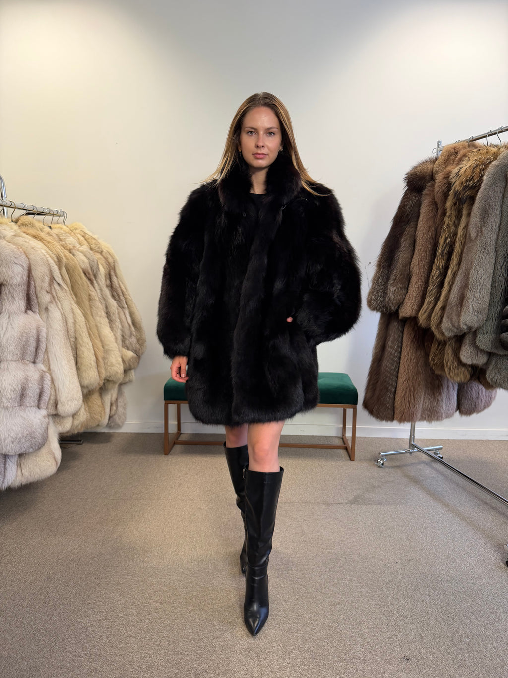 Fox Fur Coat, Black, Size L