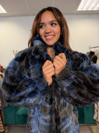 Blue & Black Dyed Fox Fur Coat, Large, Pieced