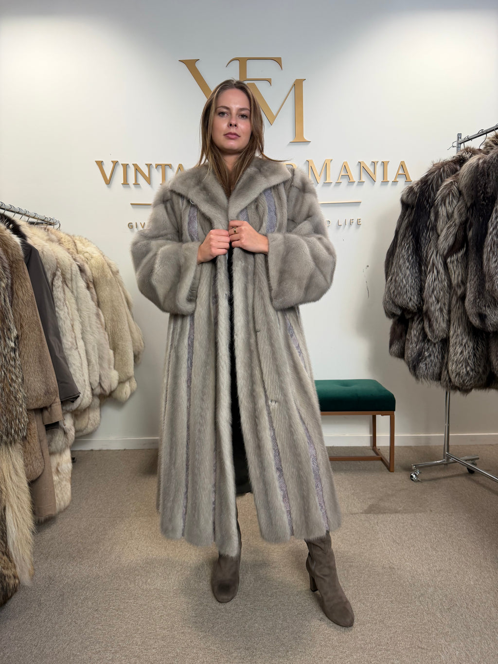 Grey Mink Fur Coat, Swinger, Full Length, Fits up to 5XL