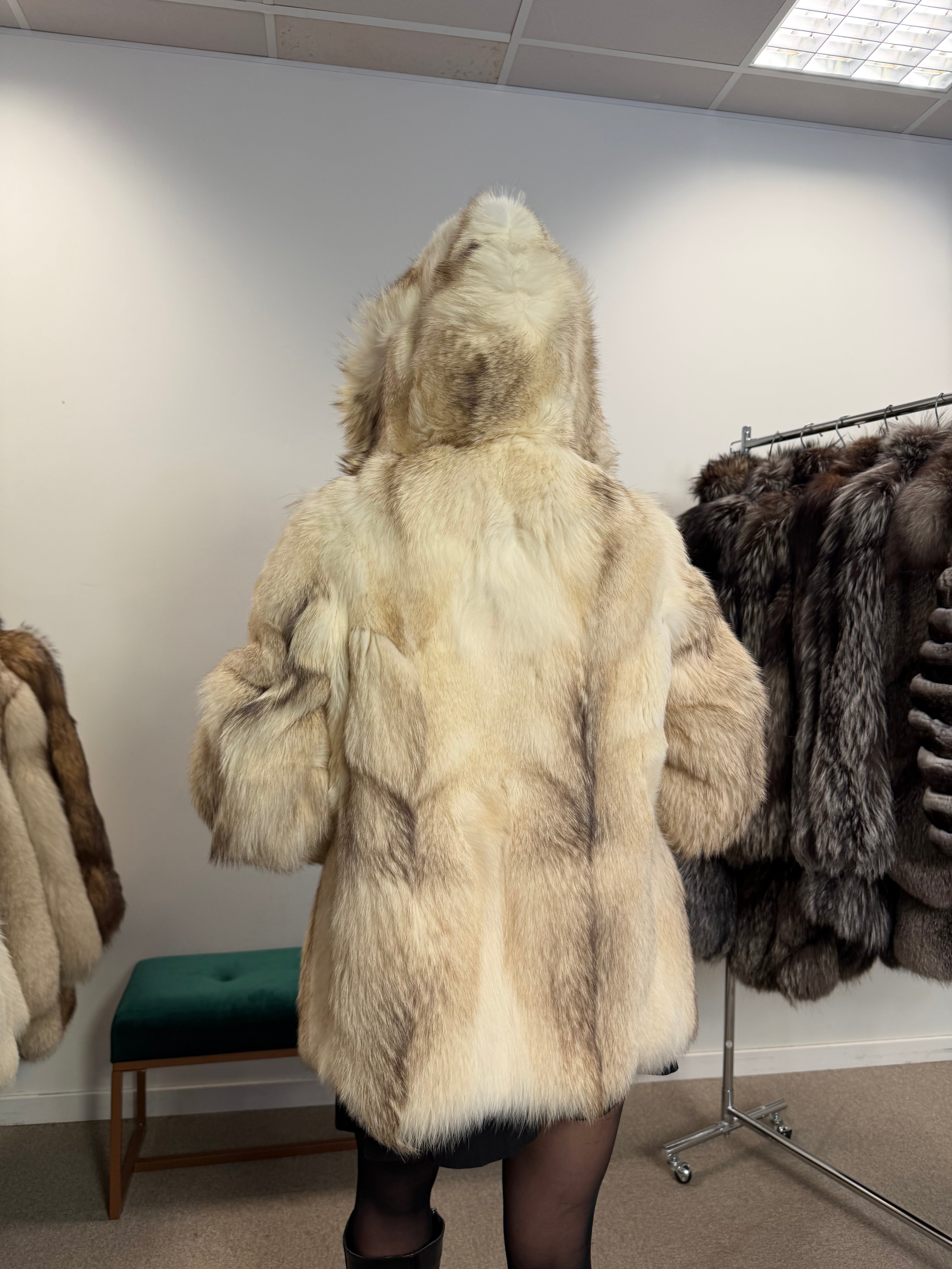White Fox Fur Jacket, Hooded, Size M