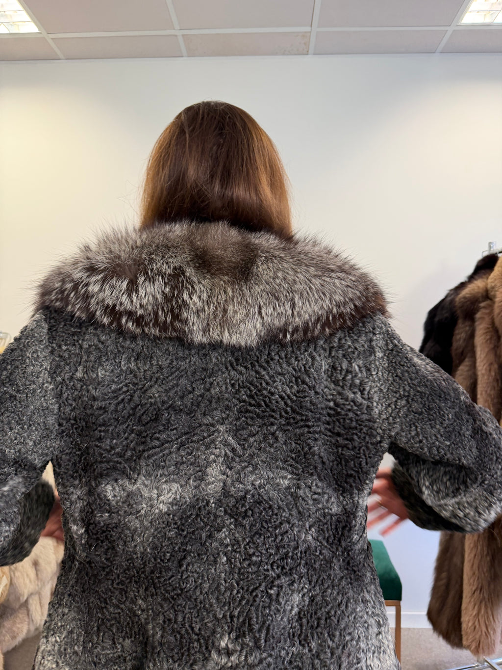 Grey Astrakhan Fur Coat, Silver Fox Collar, Medium, Special Style