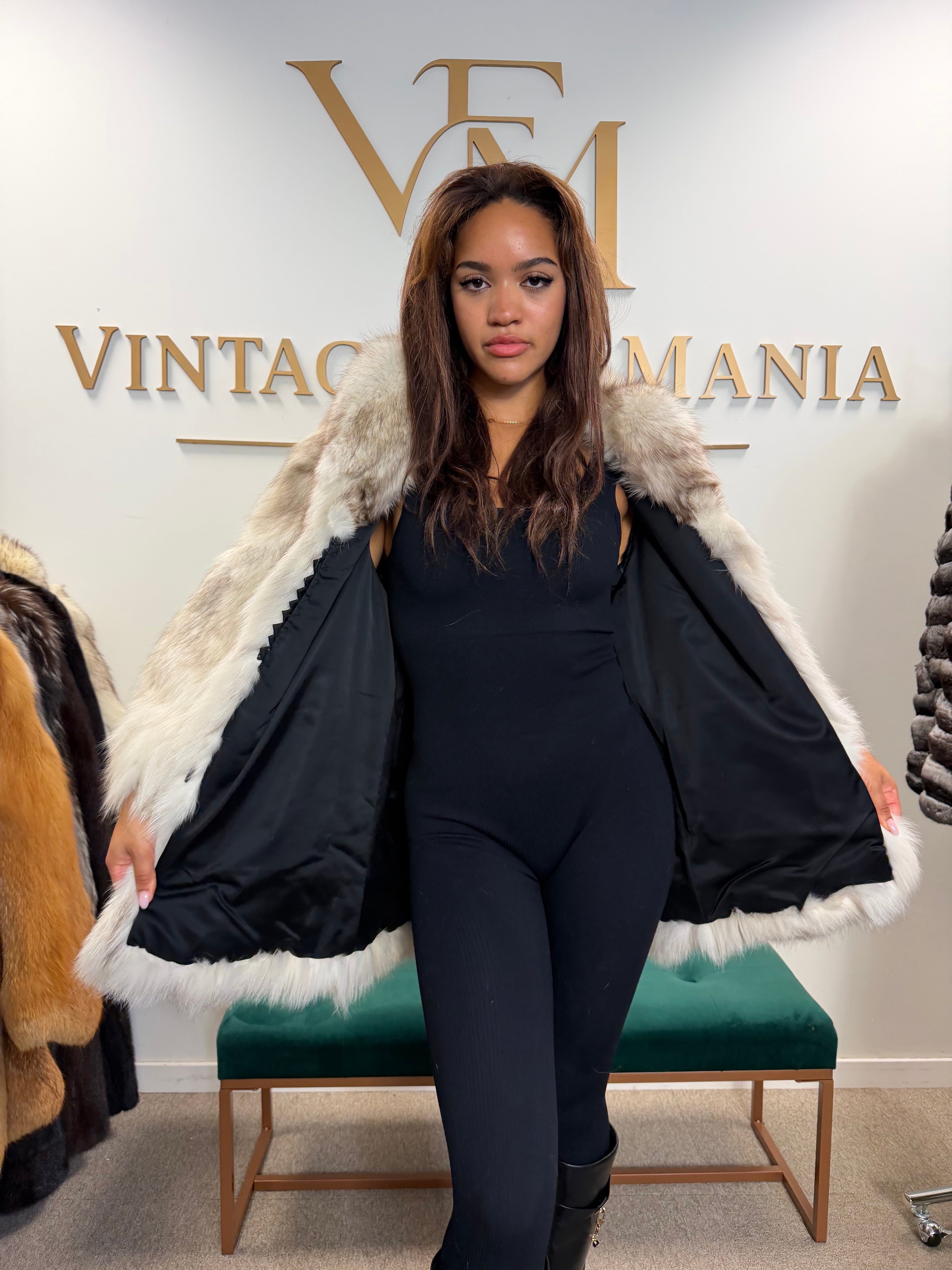 White Blue Fox Fur Coat, Soft, Small