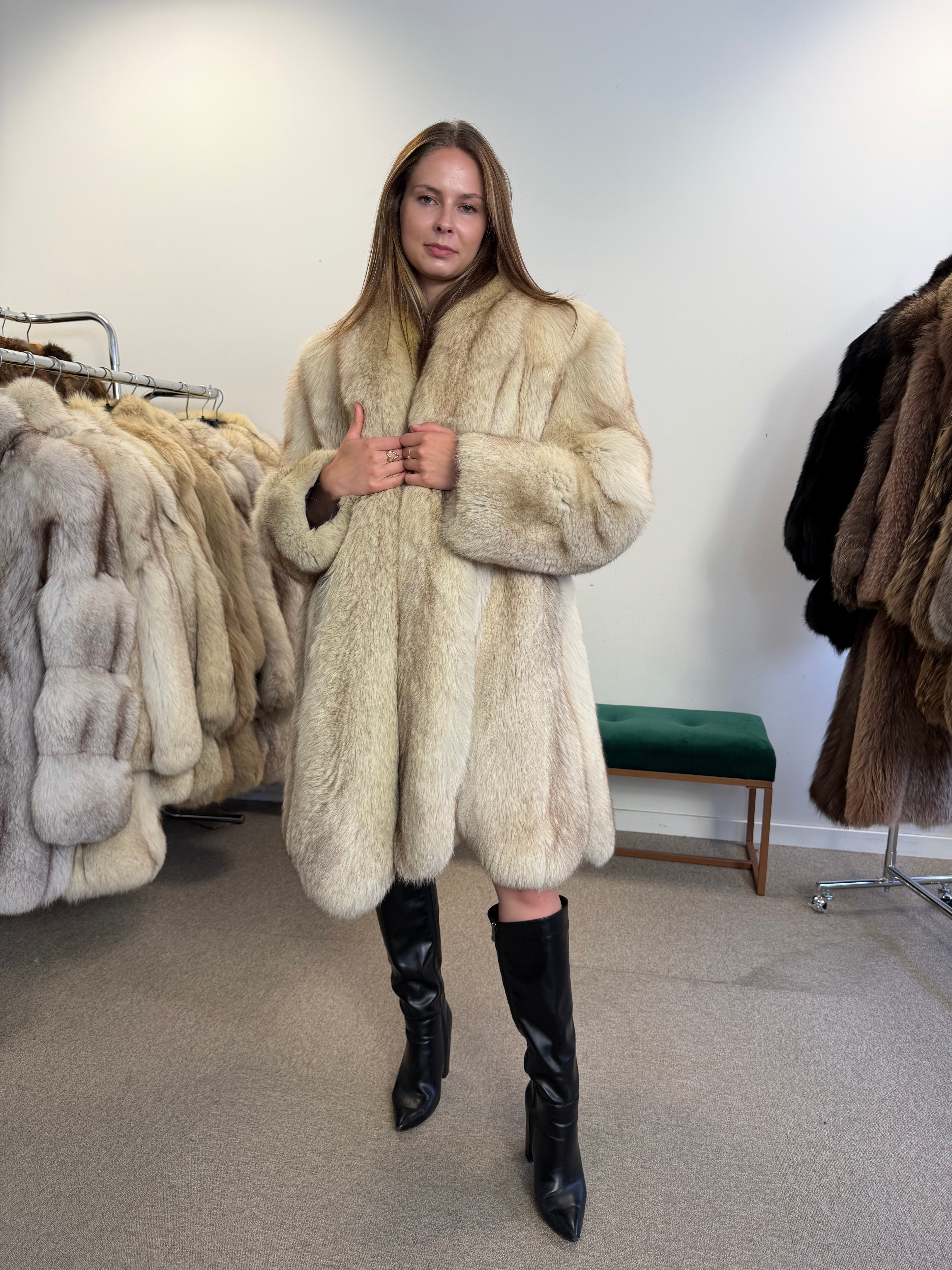 Fox Fur Coat, White Nordic, Fur Collar, Size XL