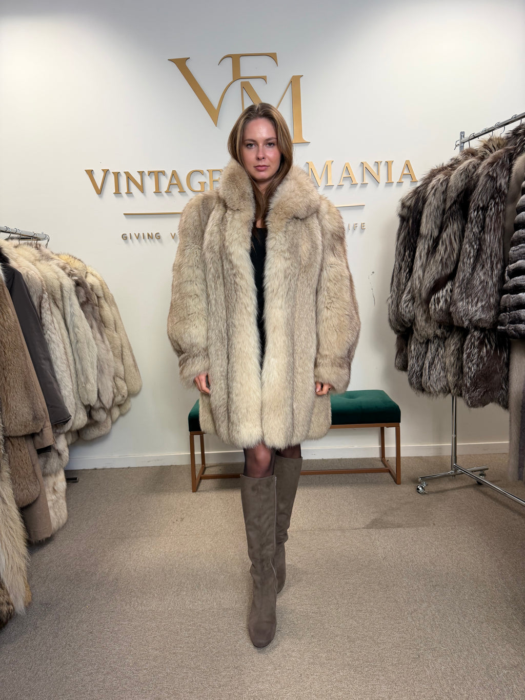 White Fox Fur Coat, Large, Brown Lining