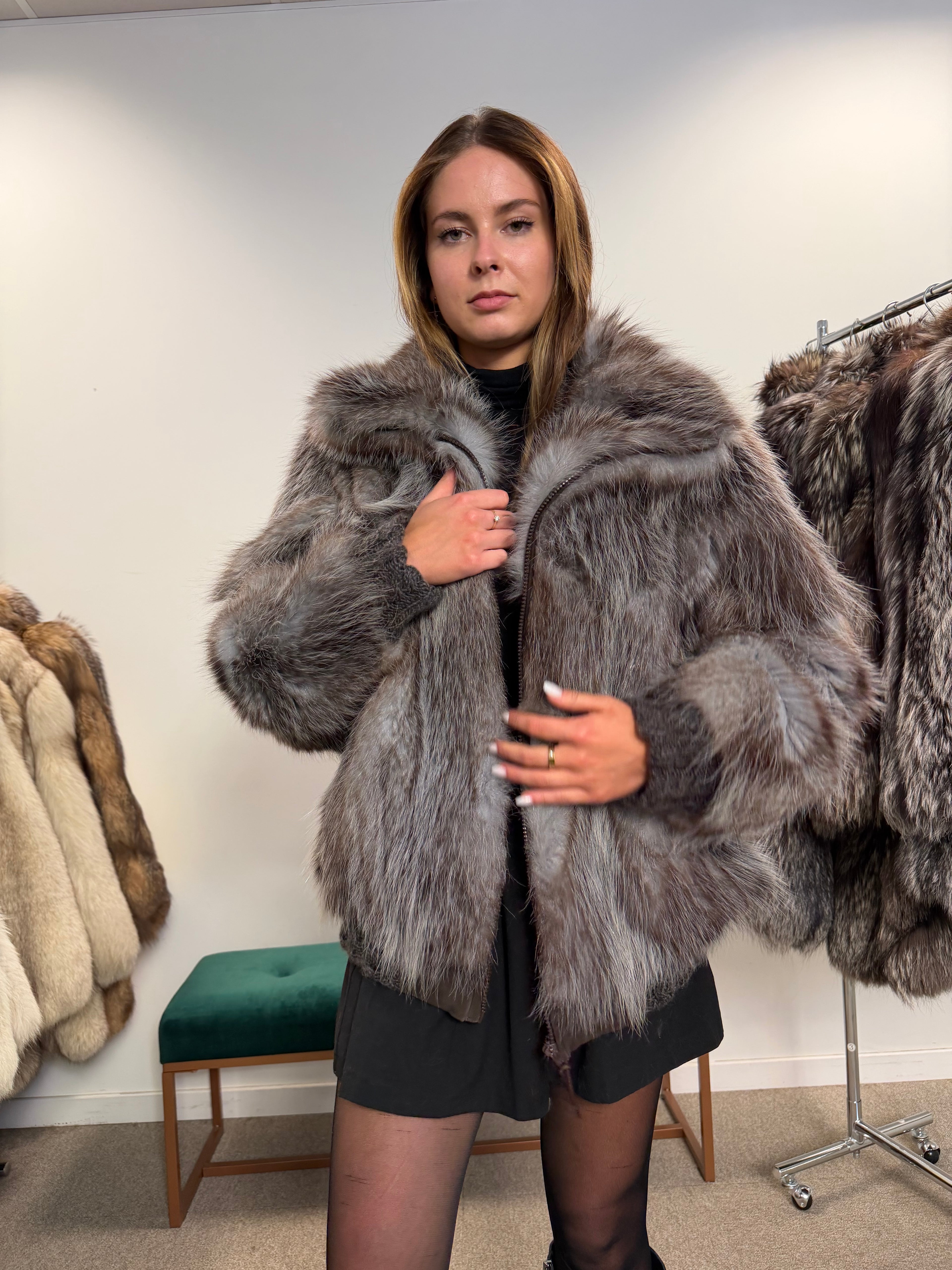 Opossum Fur Jacket, Hooded, Size M