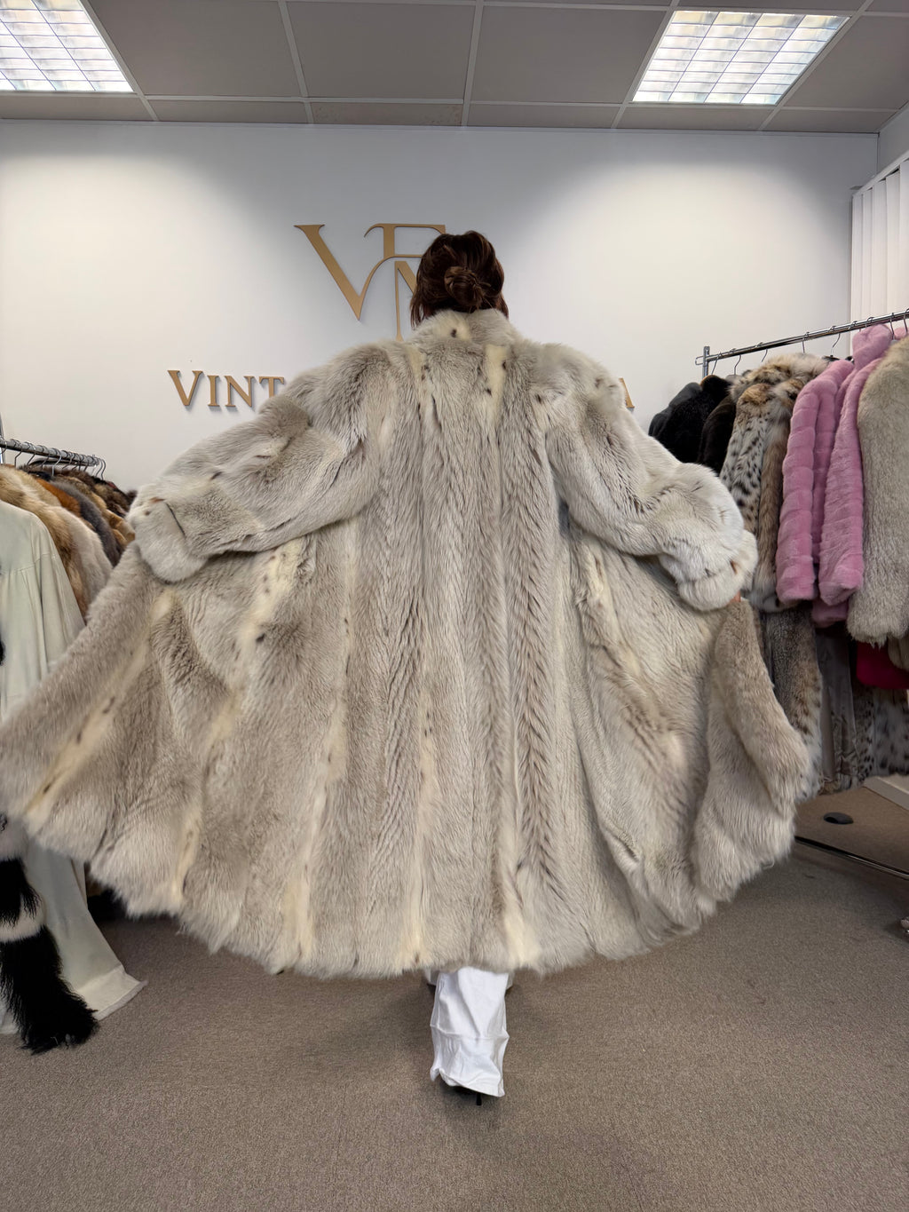 White Lynx Fox Fur Coat, Large, Full Length