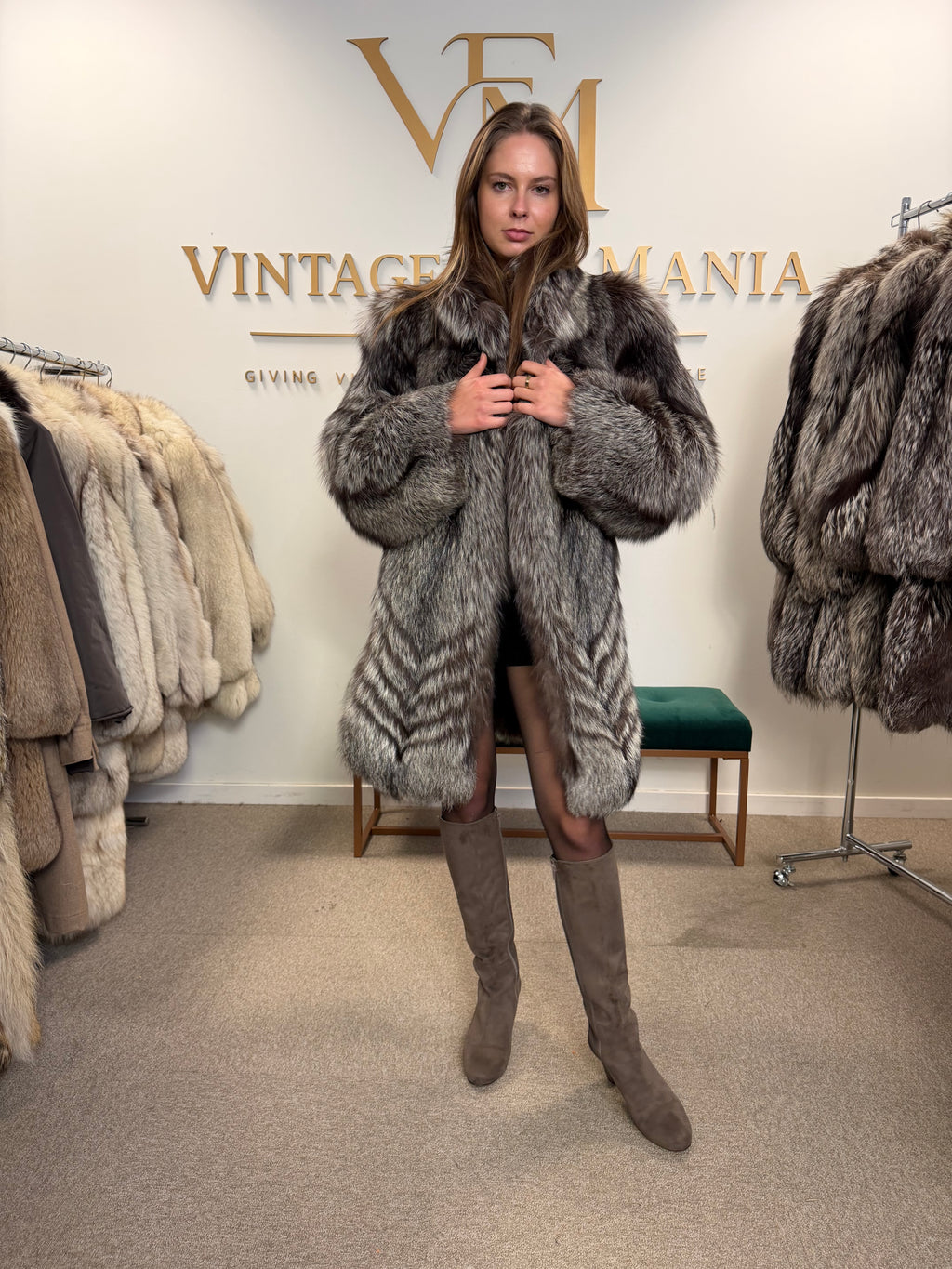 Silver Fox Fur Coat, Medium, Trimmed, Luxury