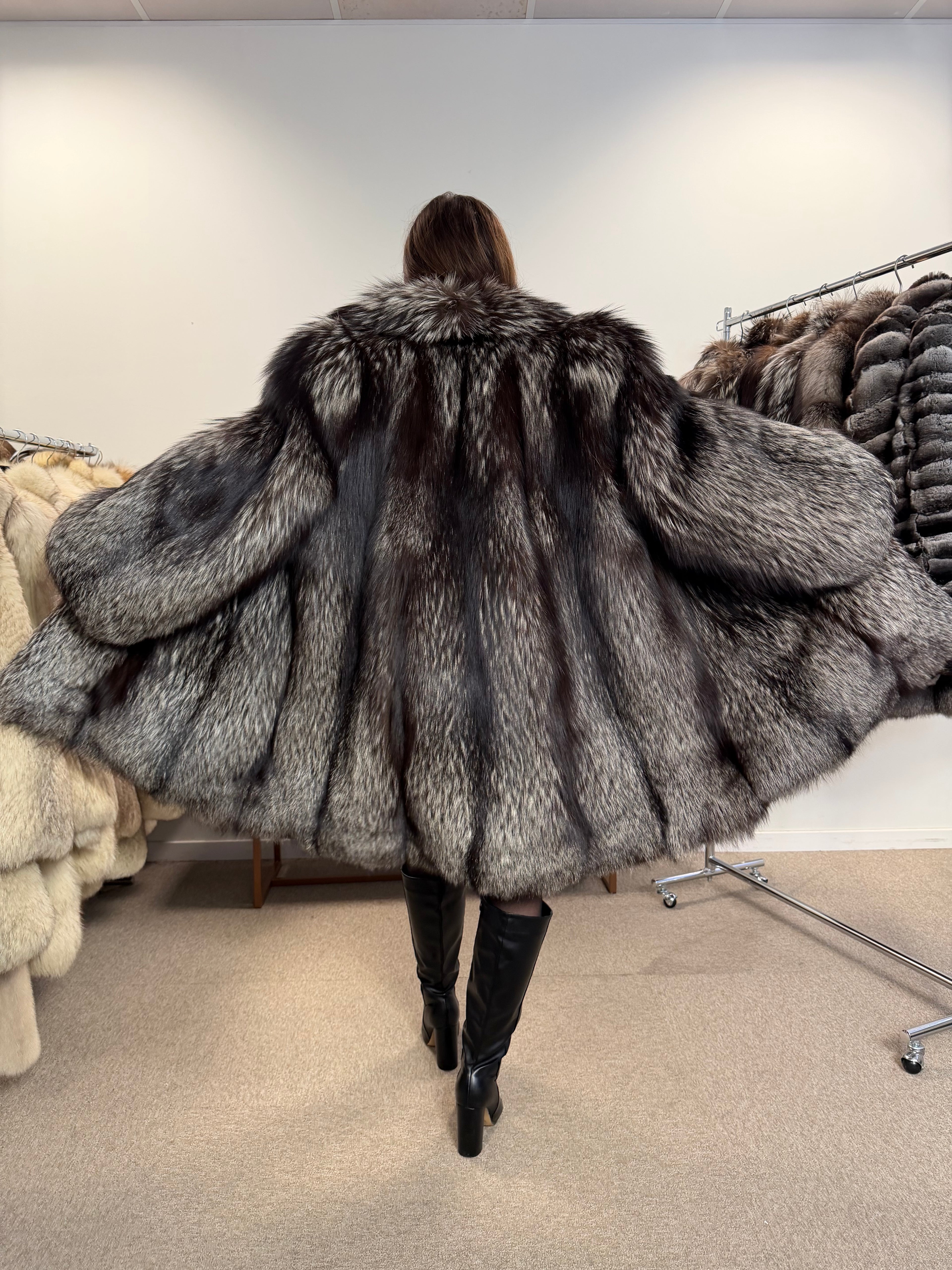 Silver Fox Real Fur Coat, Size XXL, Full Sweep Swing Coat