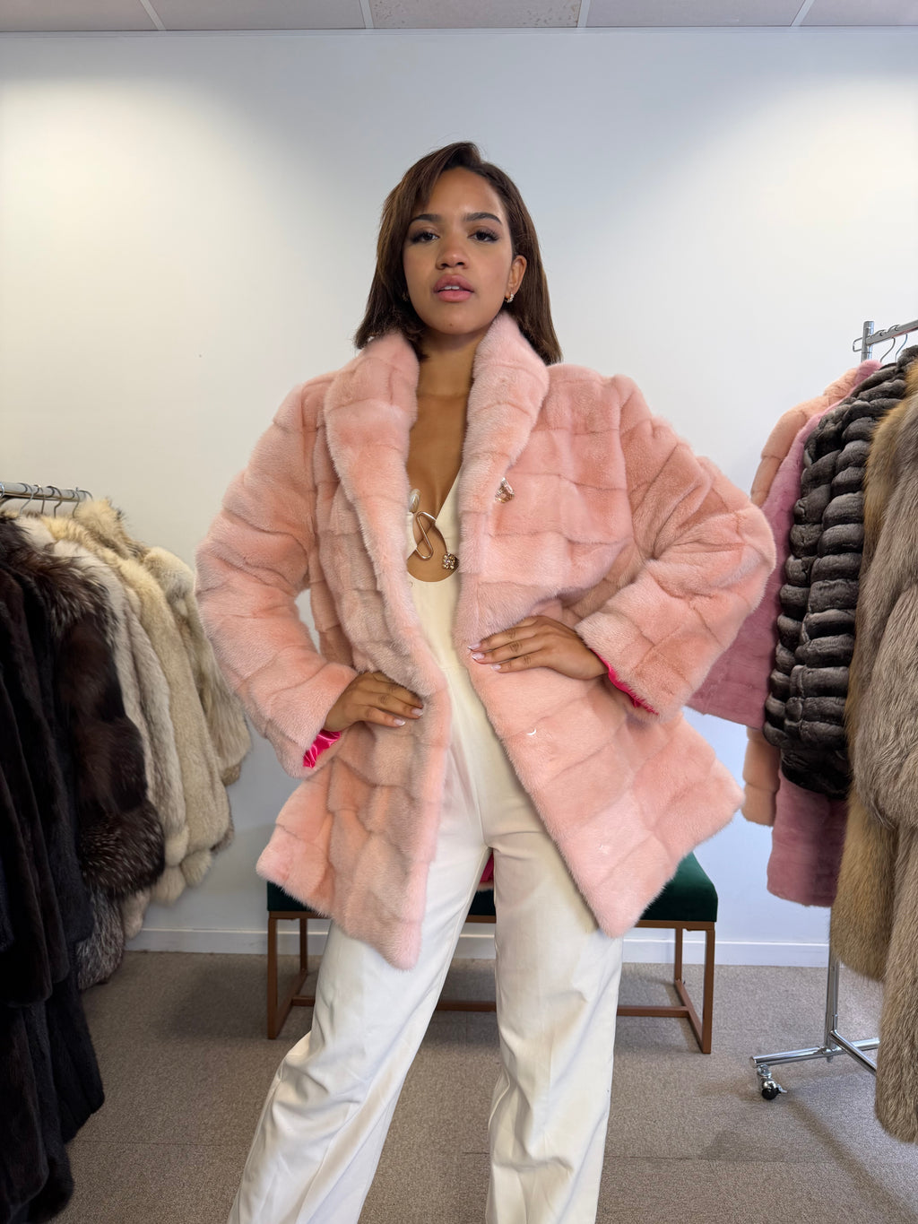 NEW Mink Fur Coat, Pink Lining, Size L