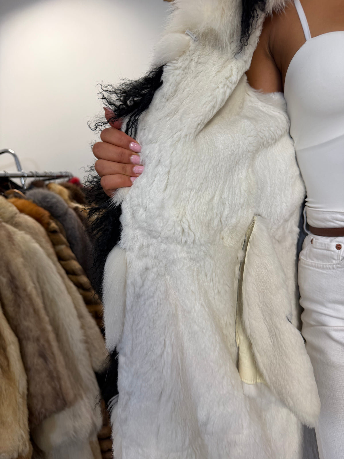 Shearling Sheepskin Coat with Fox & Shearling Collar, Medium, Full Length