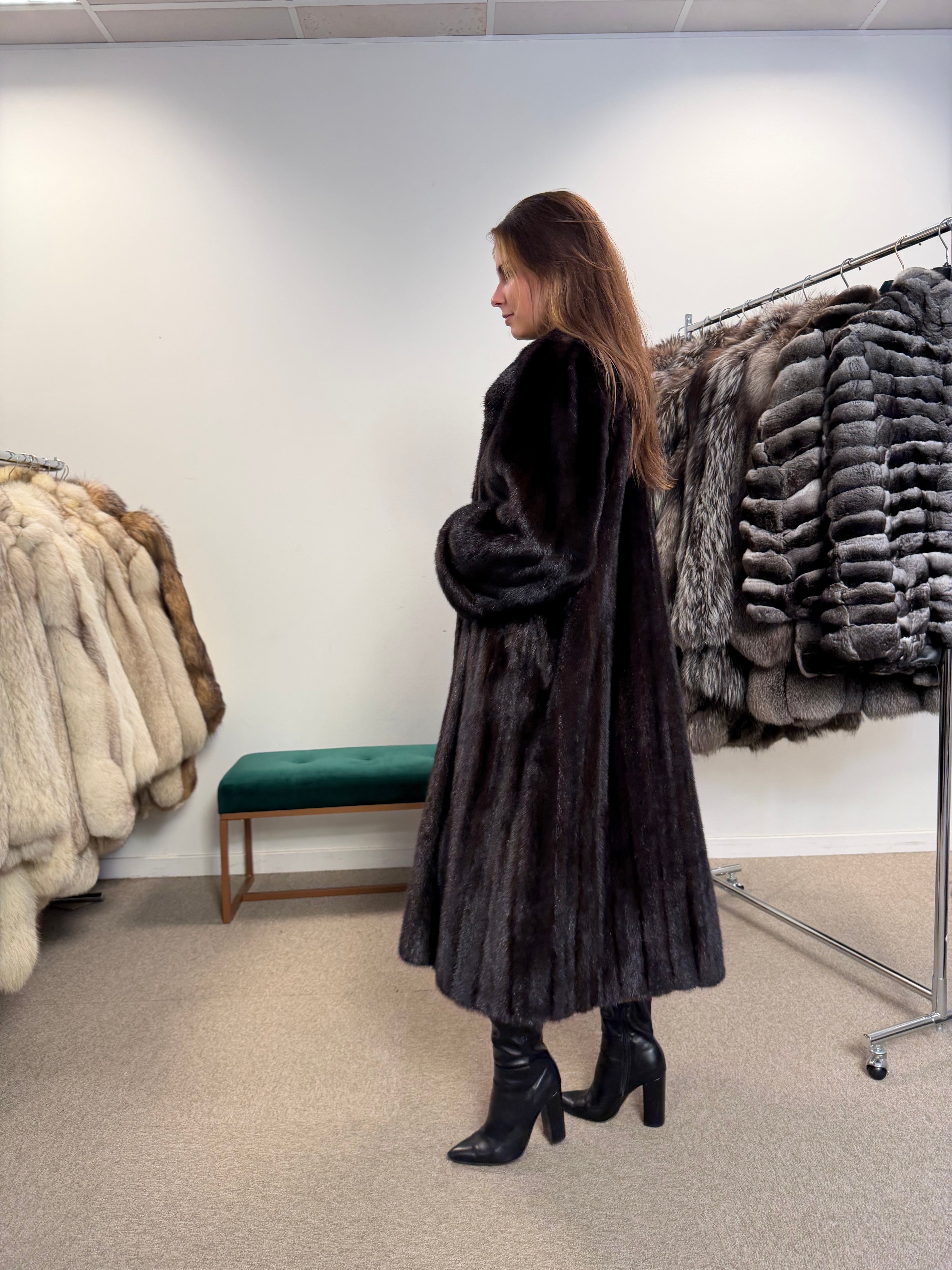 Mink Fur Coat, Dark Brown, Size L