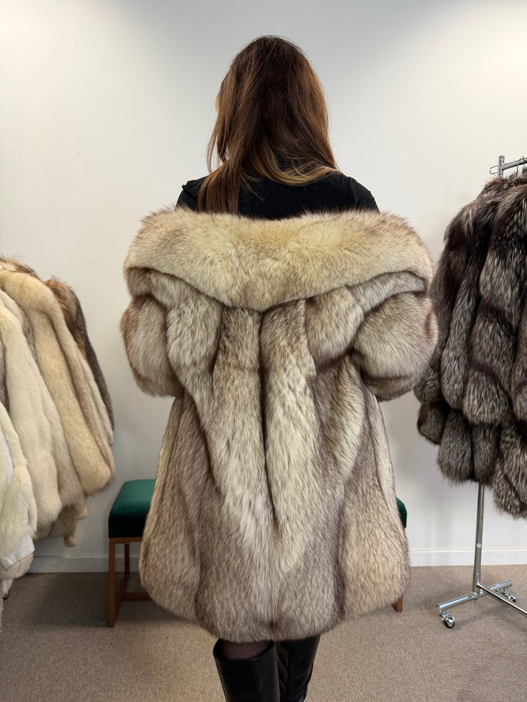 White Blue Fox Fur Coat, Size M