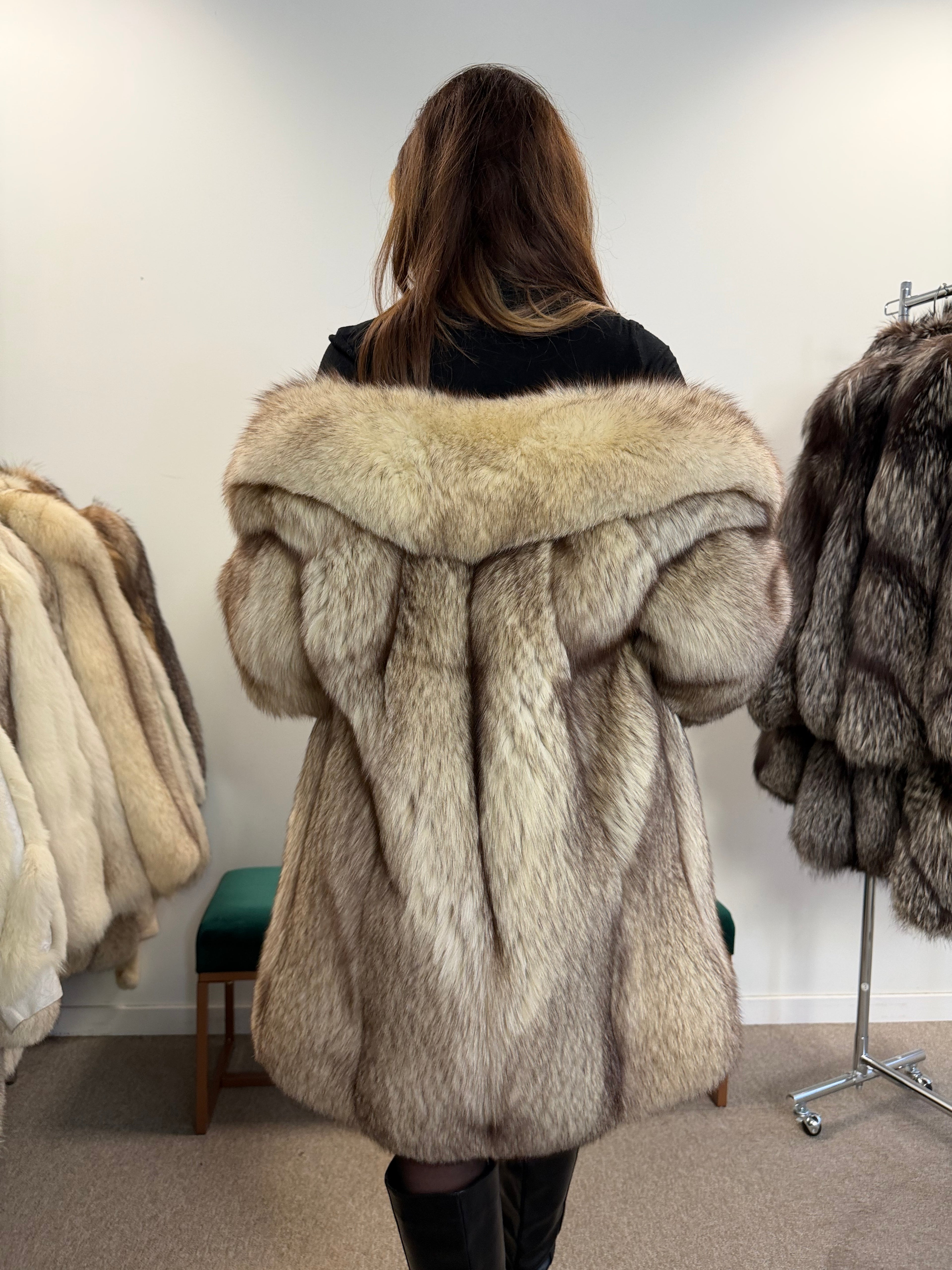 White Blue Fox Fur Coat, Size M
