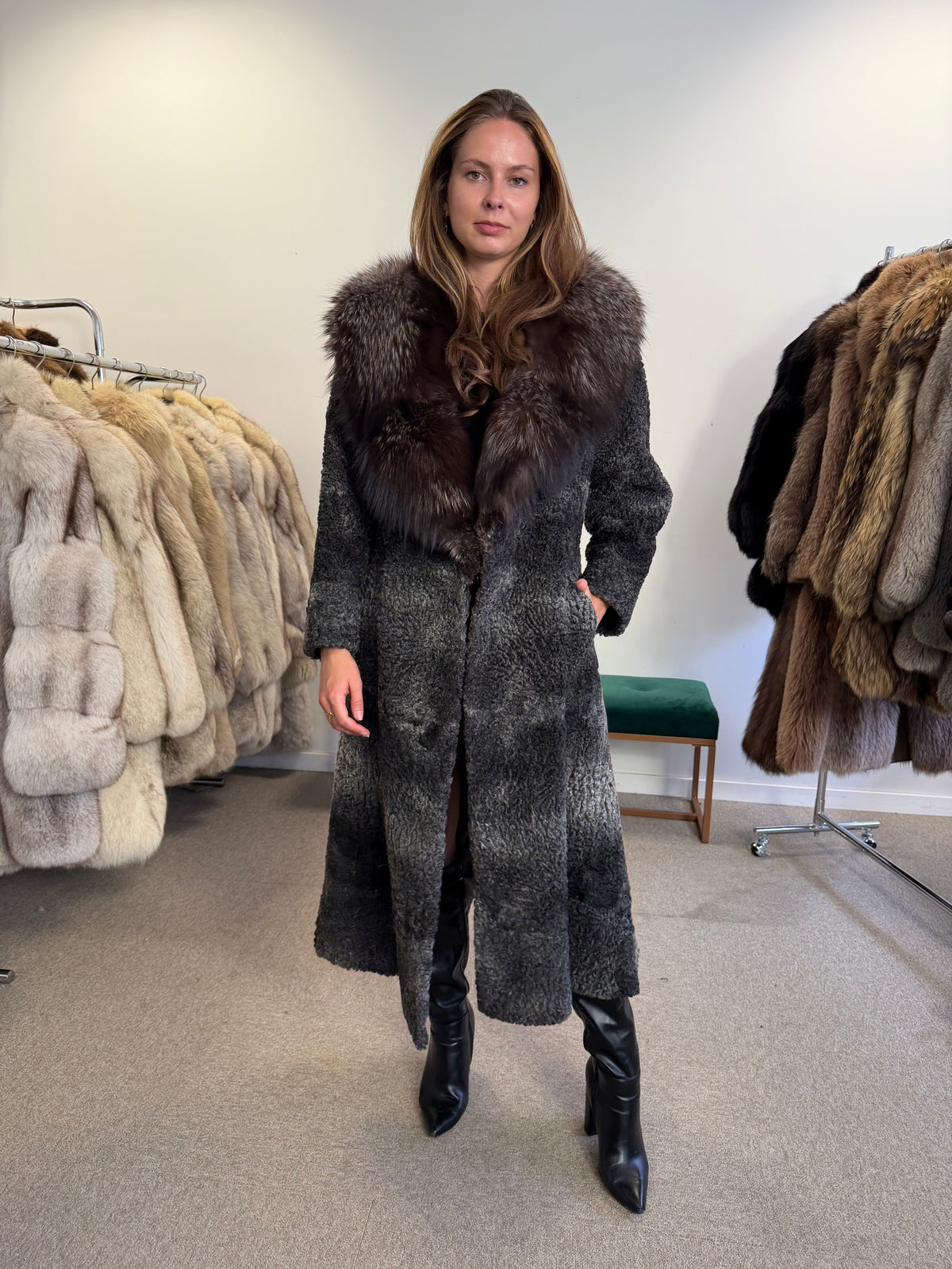 Grey Astrakhan Fur Coat, Silver Fox Collar, Medium, Special Style