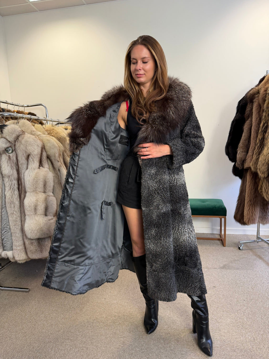 Grey Astrakhan Fur Coat, Silver Fox Collar, Medium, Special Style