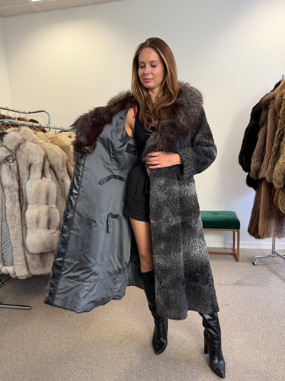 Grey Astrakhan Fur Coat, Silver Fox Collar, Medium, Special Style