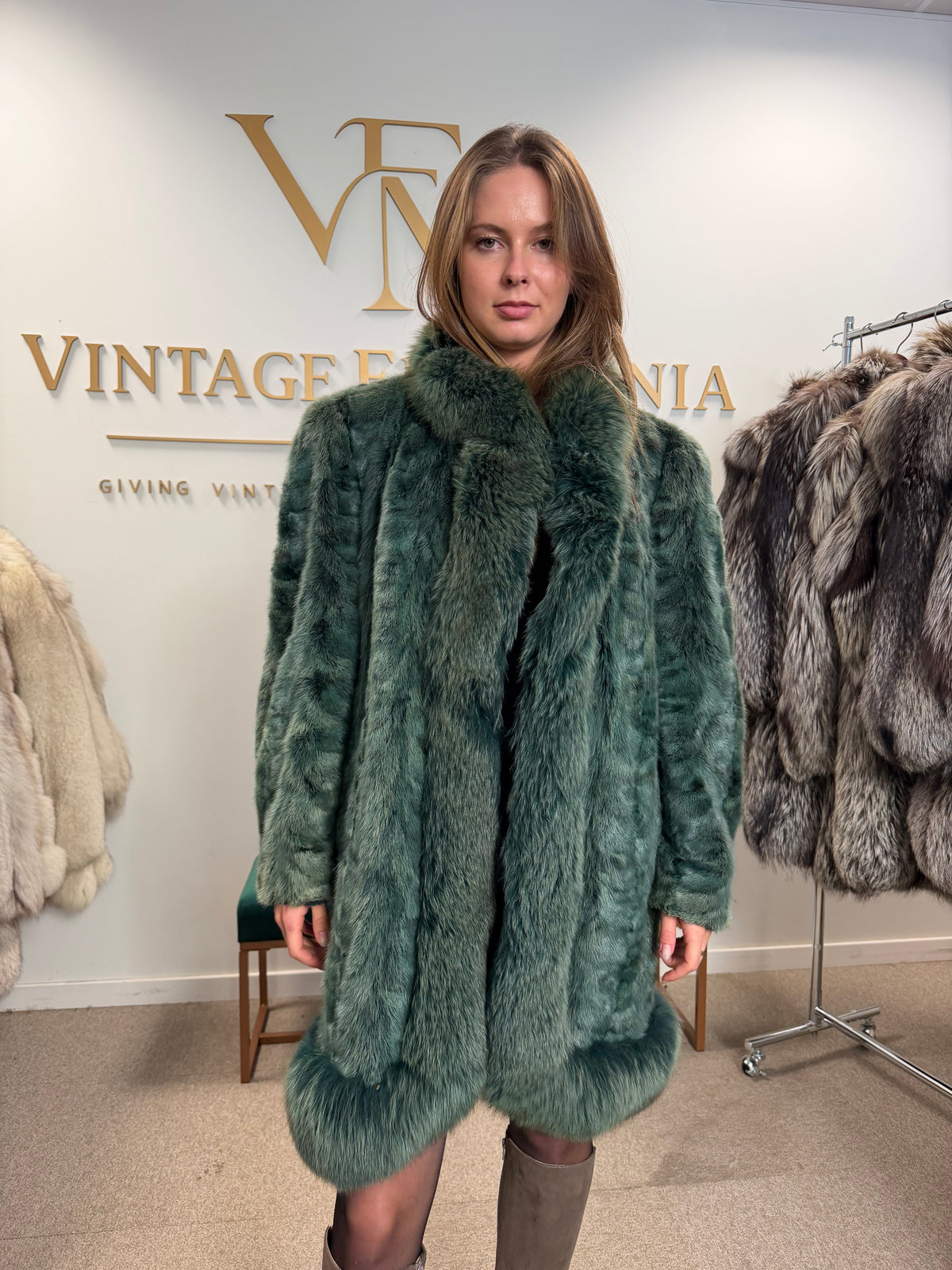 Green Dyed Mink Fur Coat with Fox Collar, XL