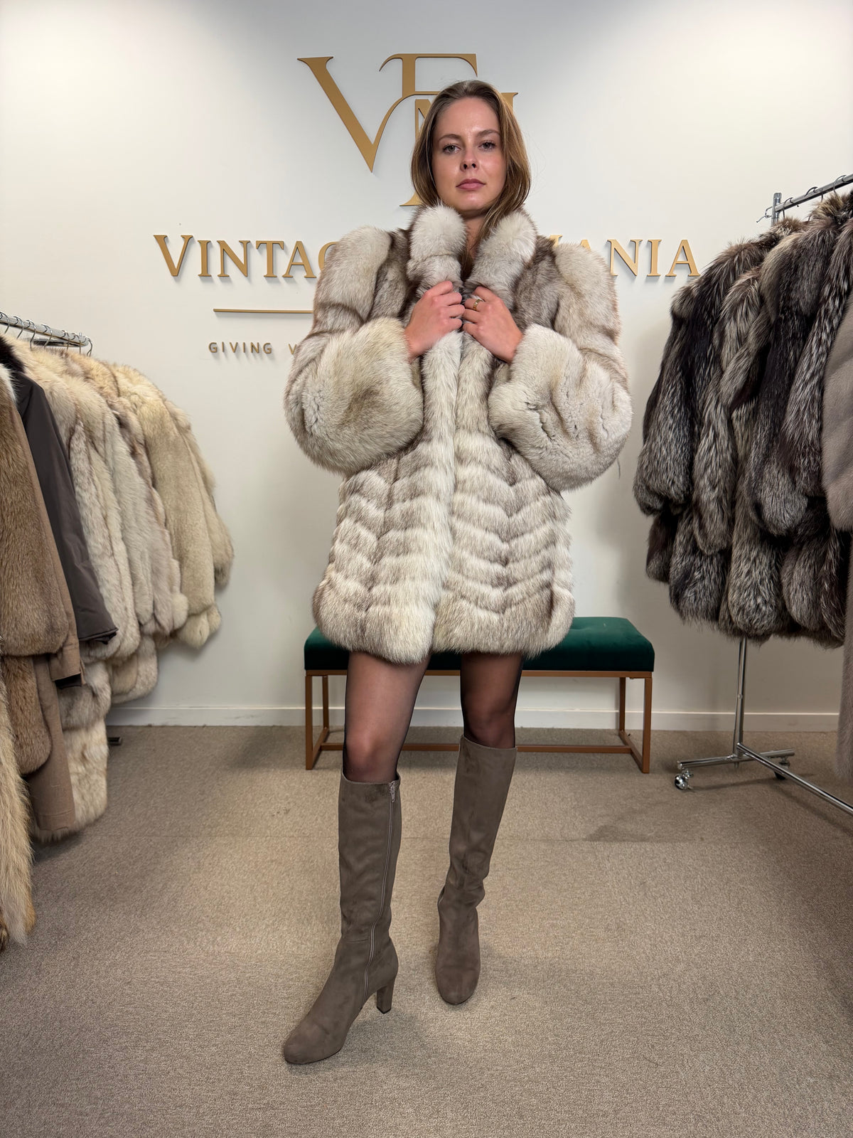 White Fox Fur Coat, Medium, Trimmed