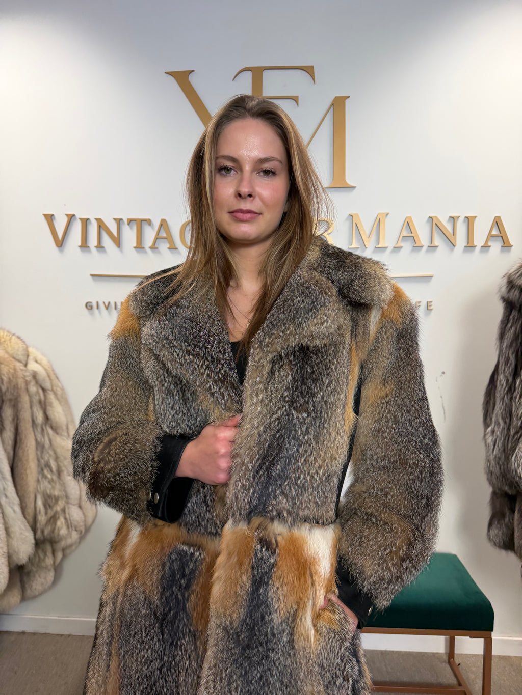 Grey Fox Fur Coat, Small, Black Leather