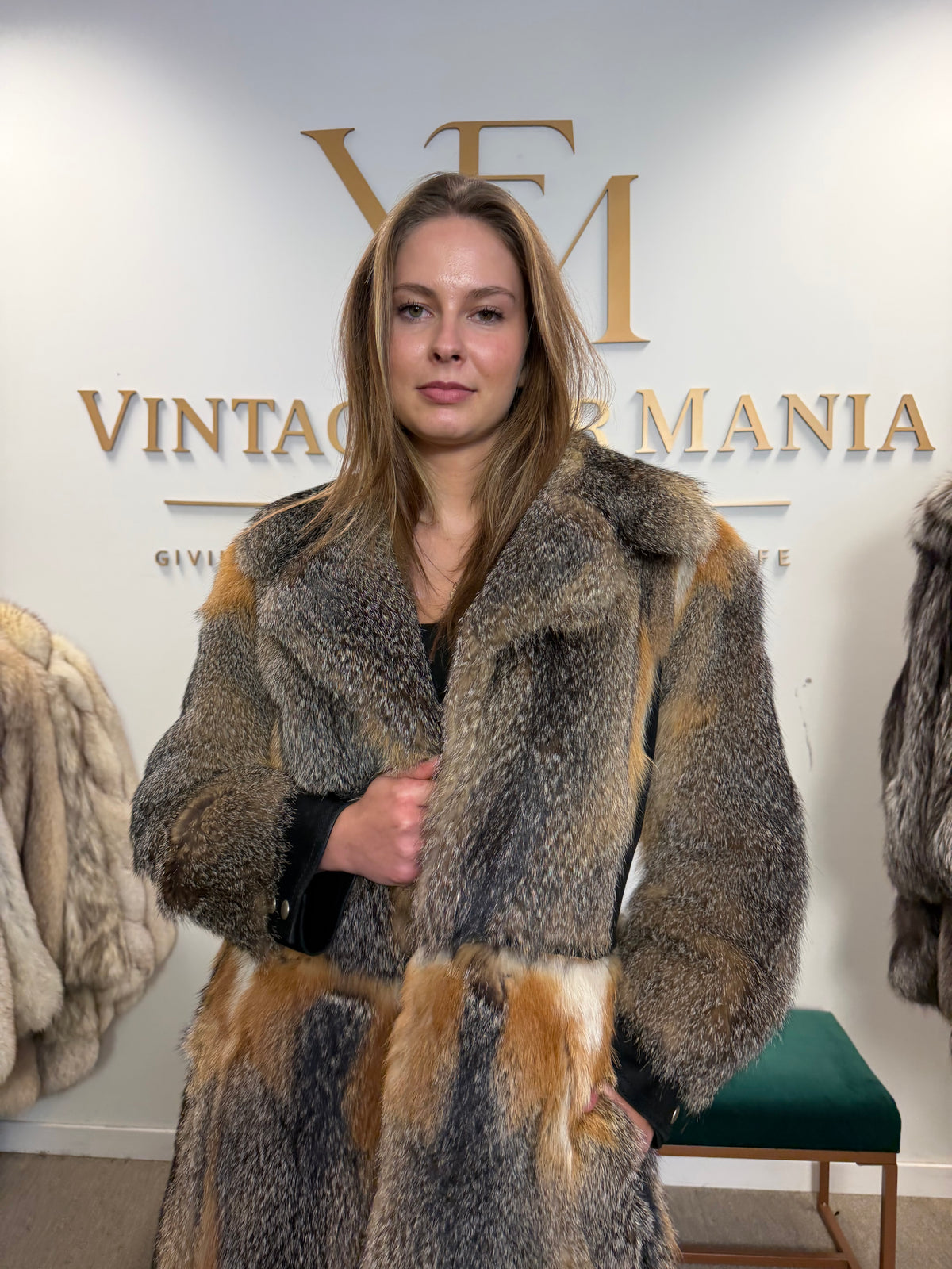 Grey Fox Fur Coat, Small, Black Leather