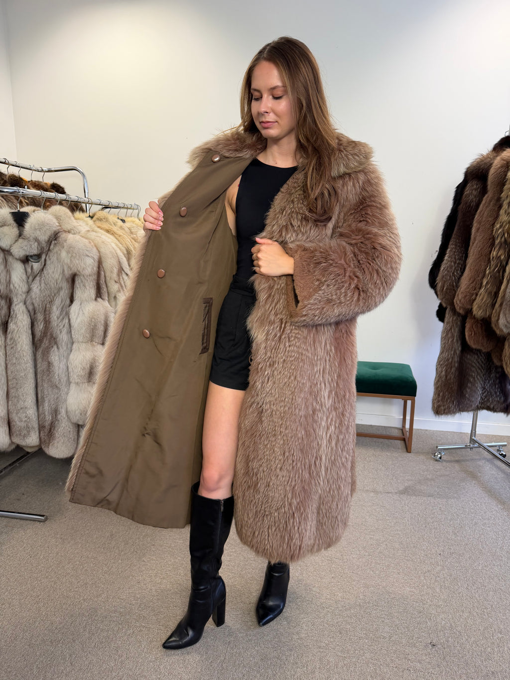 Fox Fur Coat, Brown, Full Length, Reversible, Size L