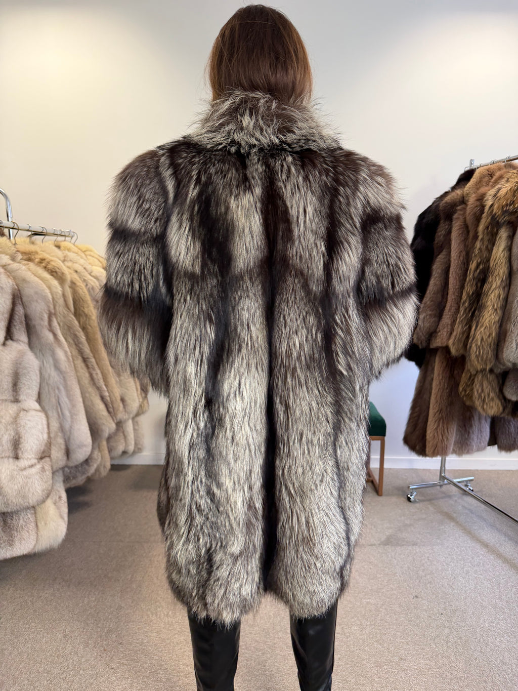 Real Silver Fox Fur Coat, Oversized, Size XL