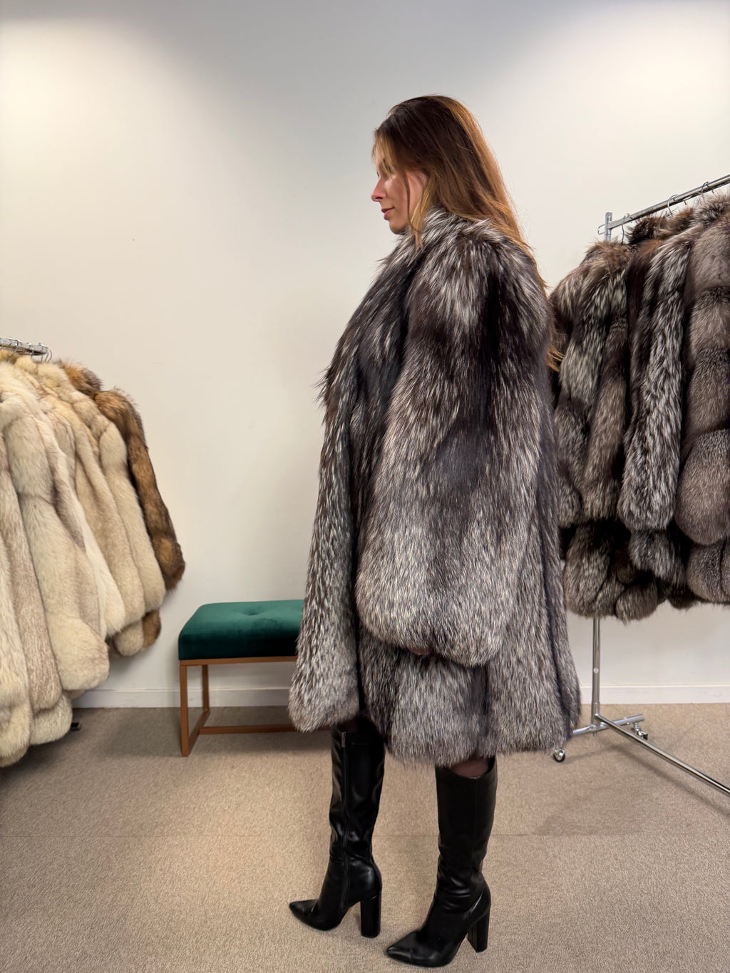 Silver Fox Real Fur Coat, Size XXL, Full Sweep Swing Coat