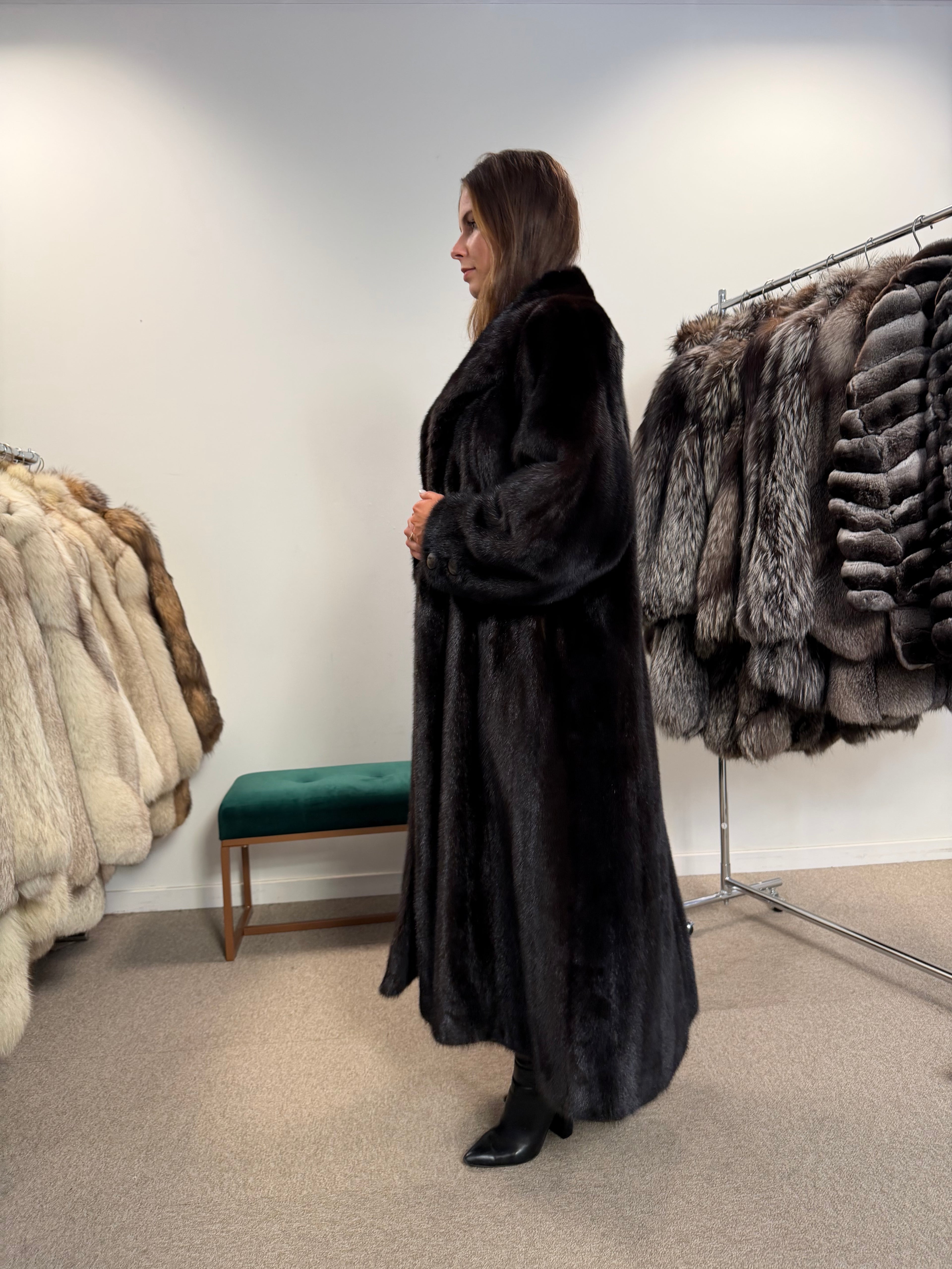 Luxury Mink Fur Coat, Dark Brown, Extra Long, Size L