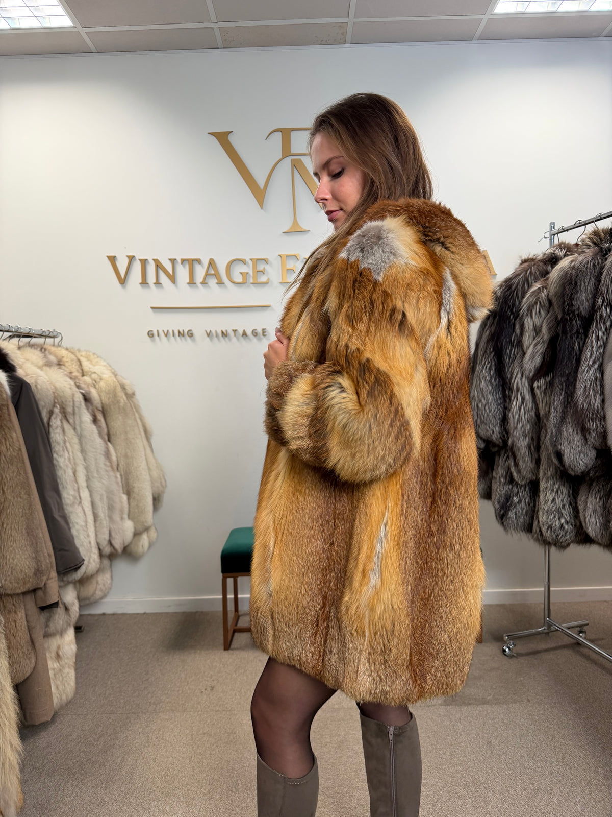 Red Fox Fur Coat, Large, Hooded