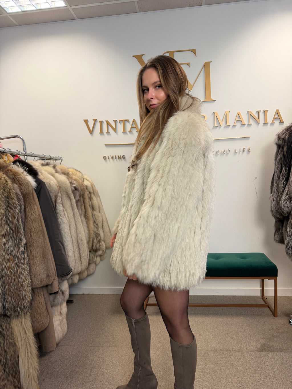 White SAGA Fox Fur Jacket, Medium