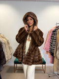 NEW Mink Fur Coat, Light Brown Hooded, Medium