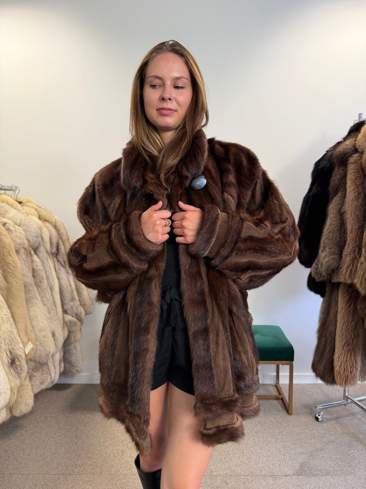 Brown Faux Mink Fur Jacket, Butterfly Style, Fits Large