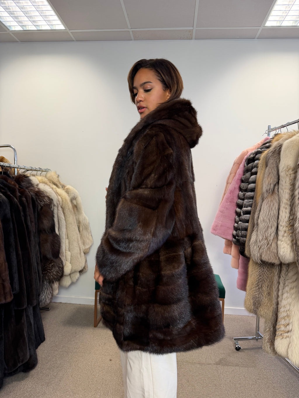 NEW Mink Fur Coat, Dark Hooded, XL