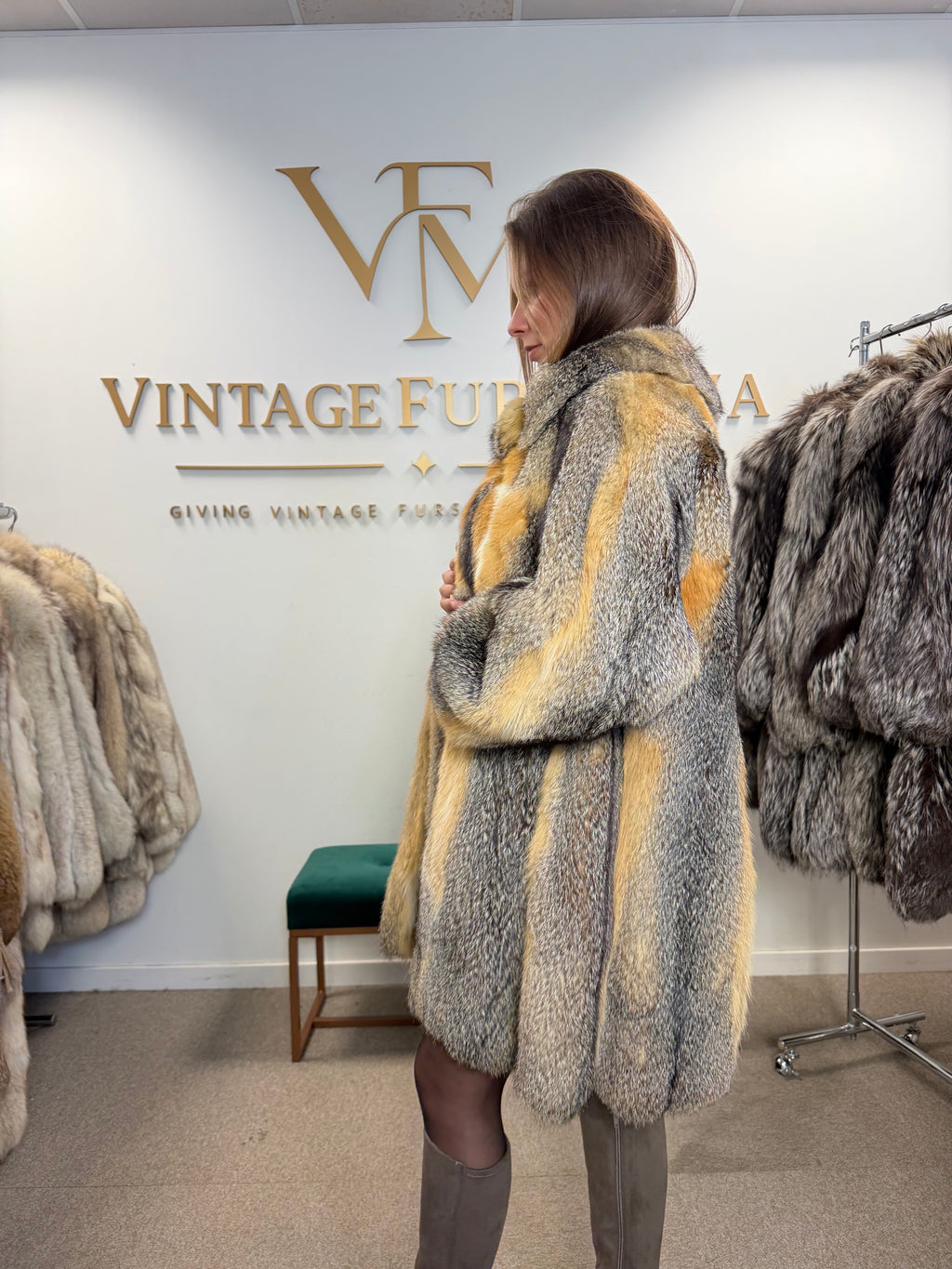 Grey Fox Fur Jacket, Medium, Golden Lining