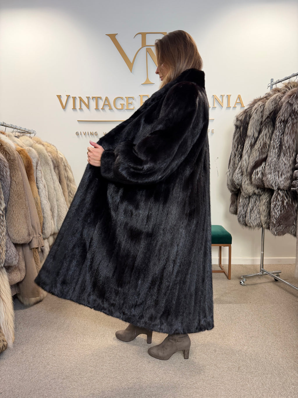 Almost Black Mink Fur Coat, XXL, Full Length, Luxury