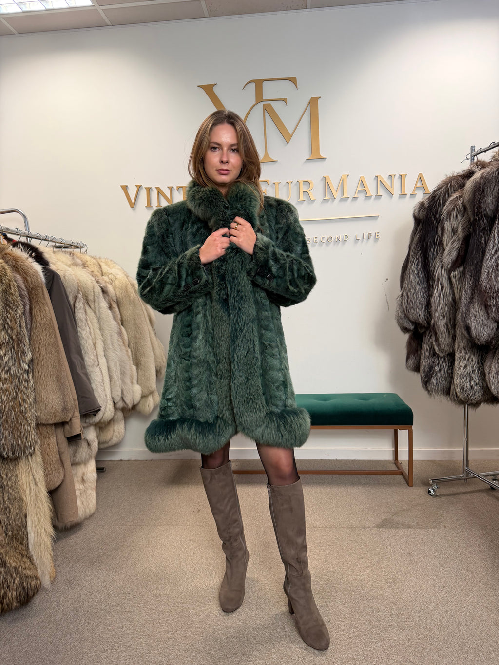 Green Dyed Mink Fur Coat with Fox Collar, XL