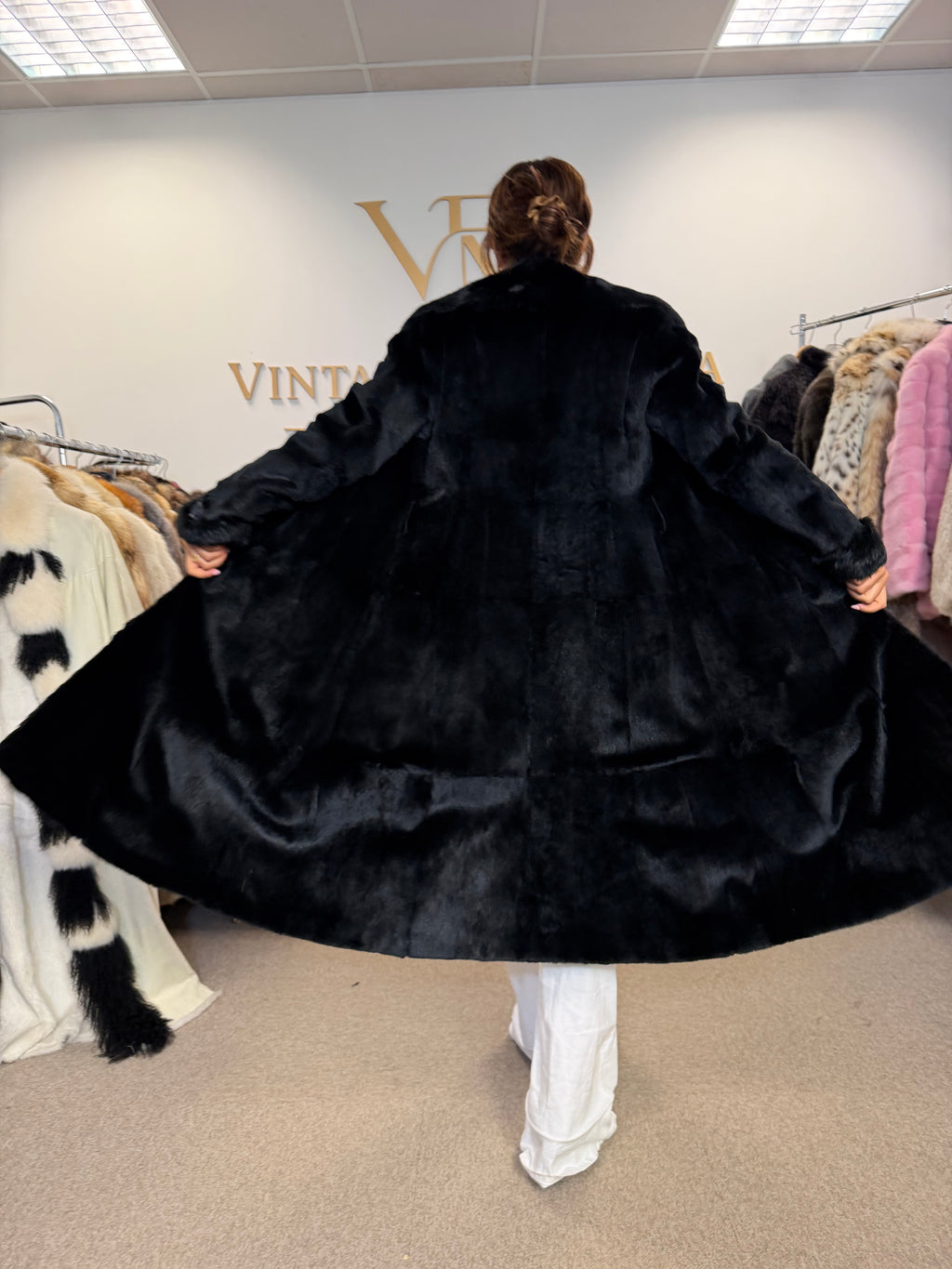 Black Sheared Rabbit Fur Coat, Small, Full Length