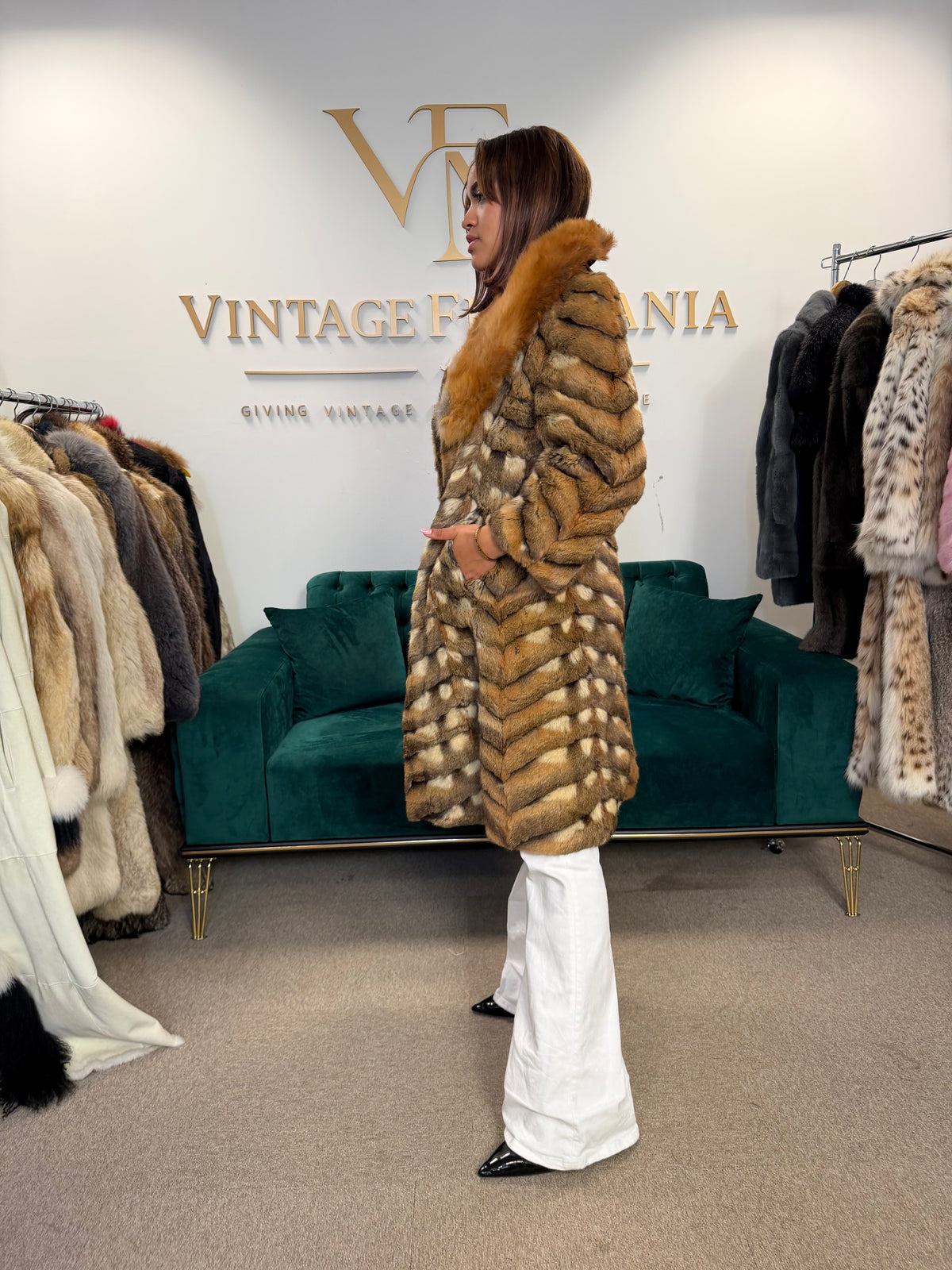 Hamster Fur Coat with Red Fox Collar, Medium, Rare Luxury