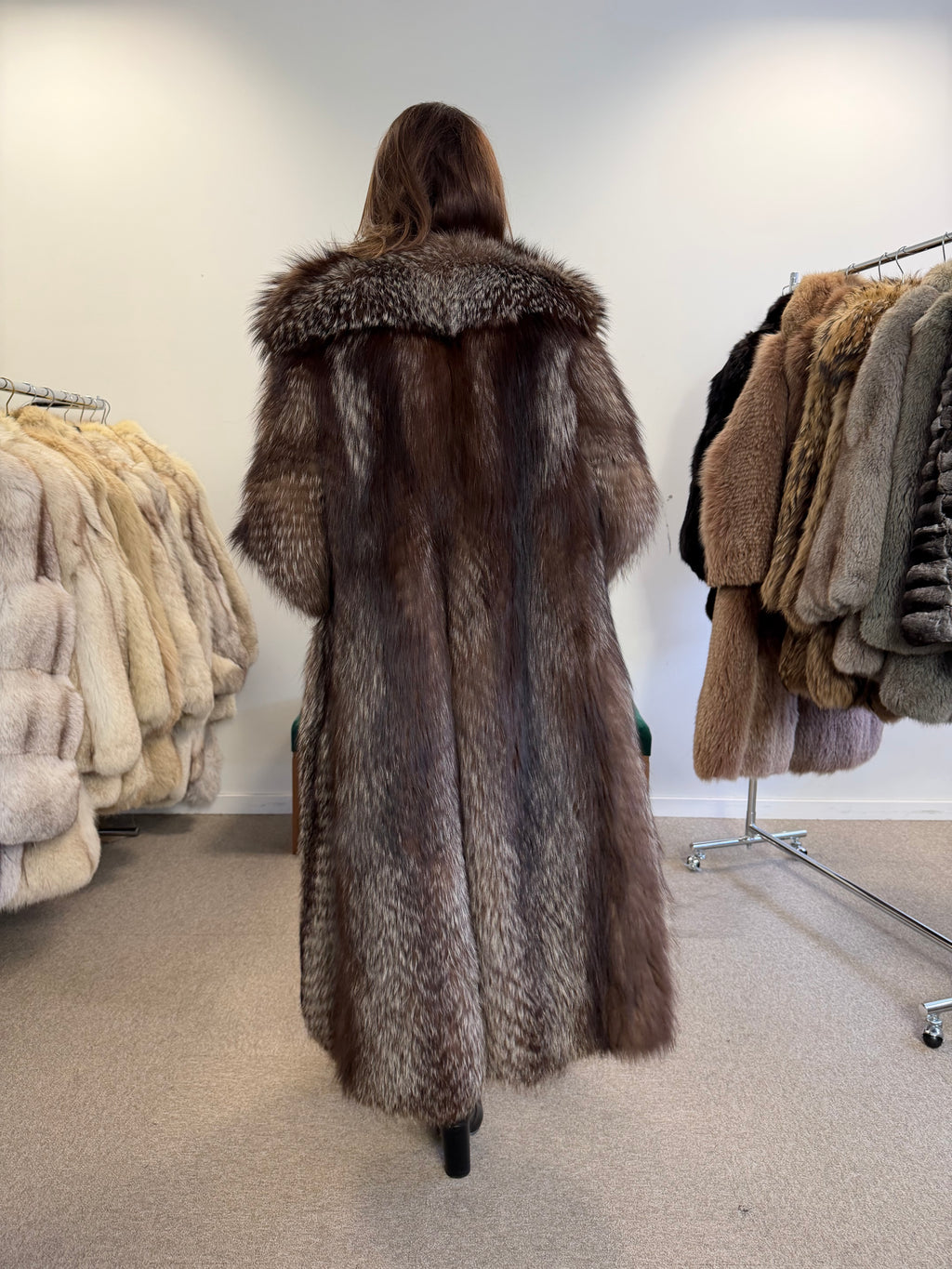 Silver Fox Fur Coat, Full Length, Size M