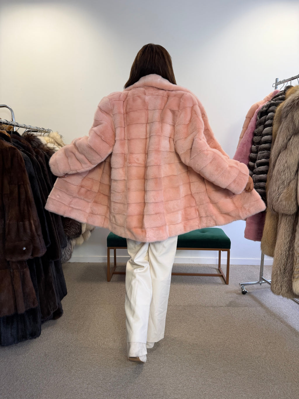 NEW Mink Fur Coat, Pink Lining, Size L