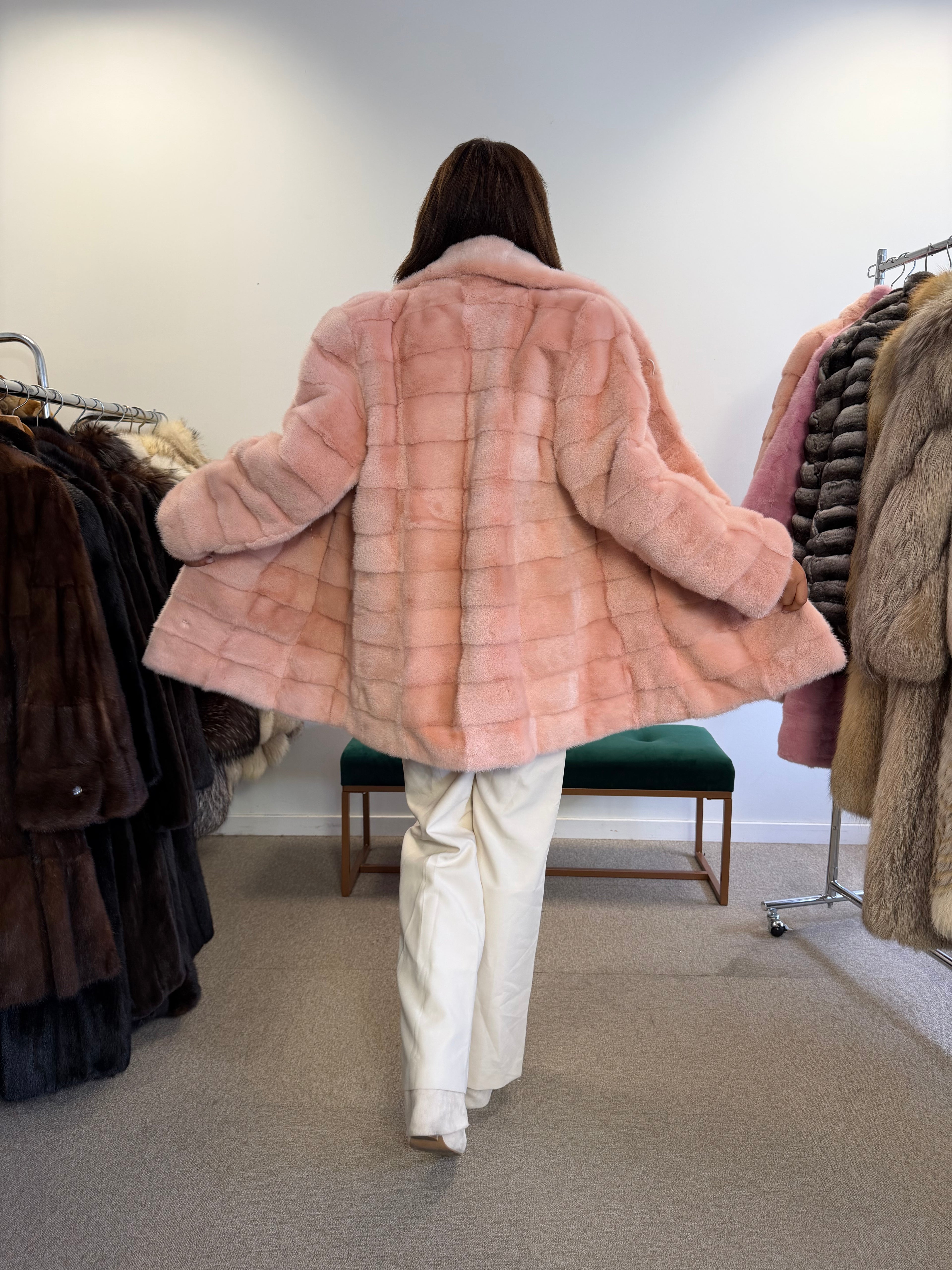 NEW Mink Fur Coat, Pink Lining, Size L