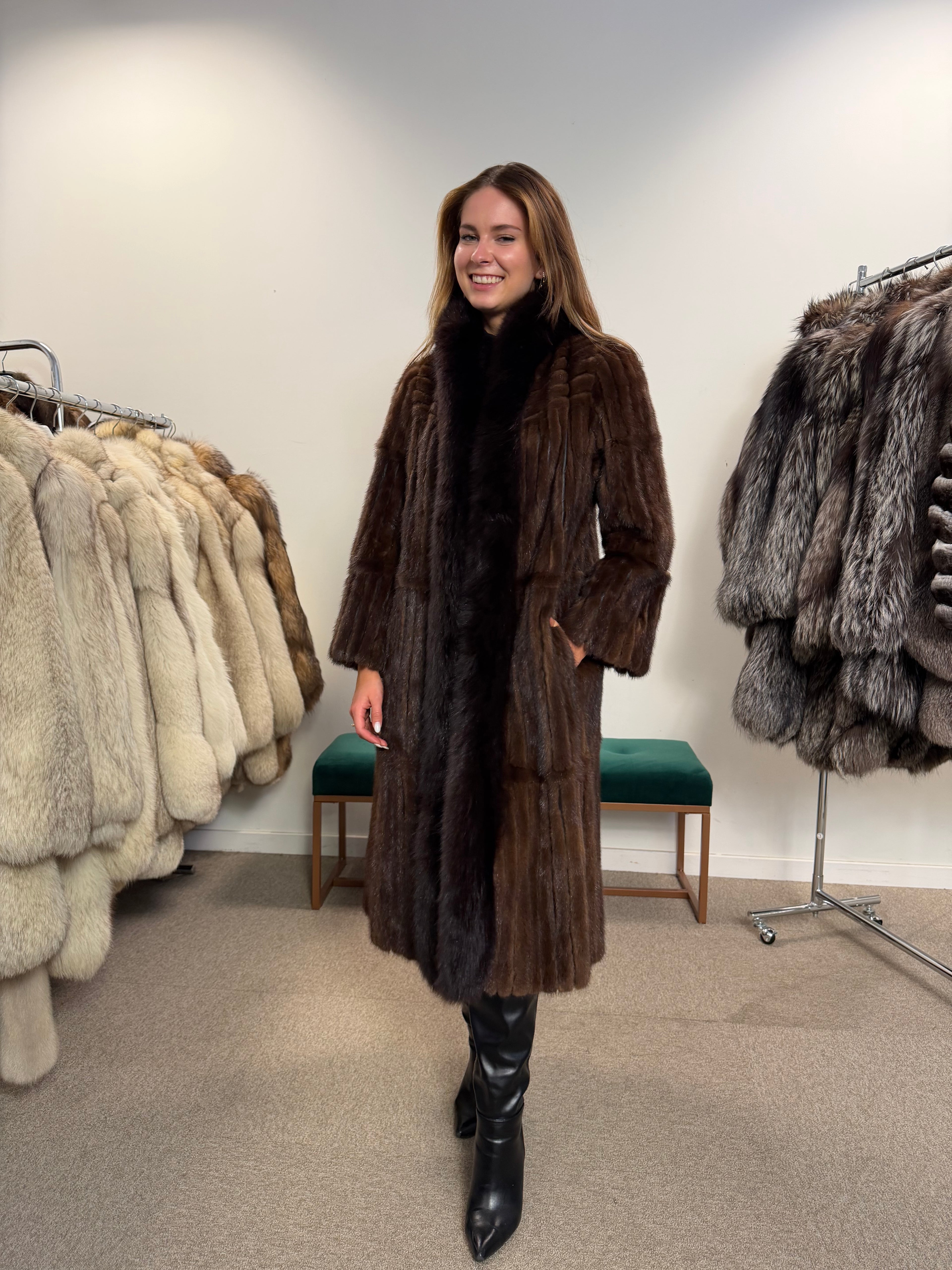 Brown Mink Fur Coat, Fox Collar, Size M