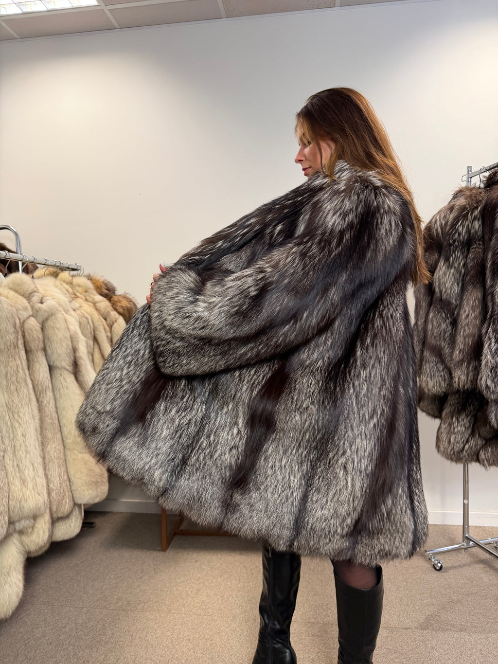 Silver Fox Real Fur Coat, Size XXL, Full Sweep Swing Coat