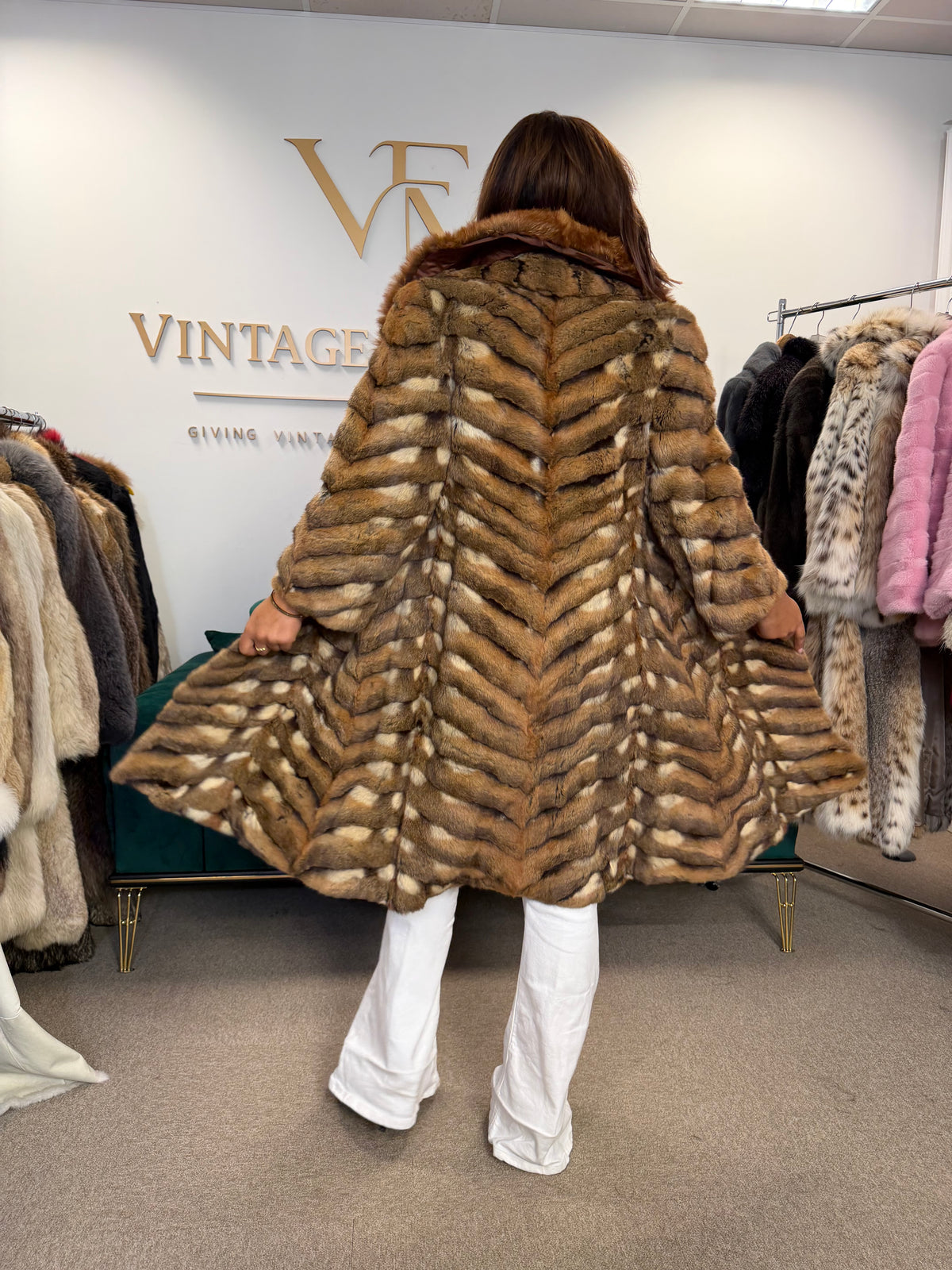 Hamster Fur Coat with Red Fox Collar, Medium, Rare Luxury