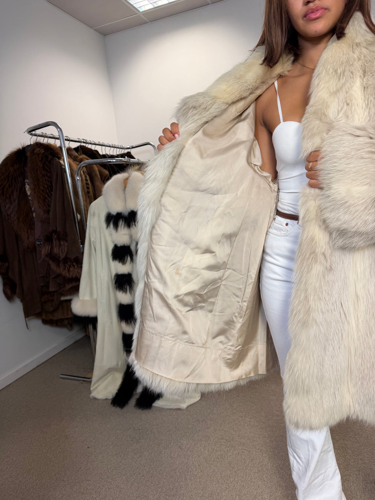 White Nordic Fox Fur Coat, One Size up to 4XL, Open Front