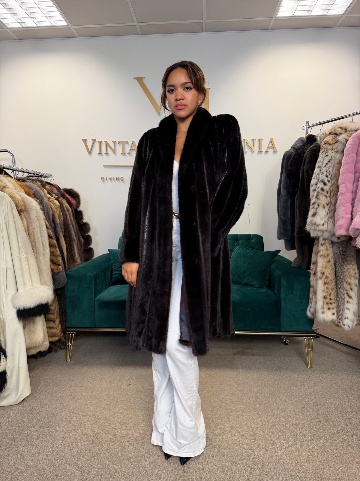 Dark Mink Fur Coat, Large, Swinger, Leather, Designer