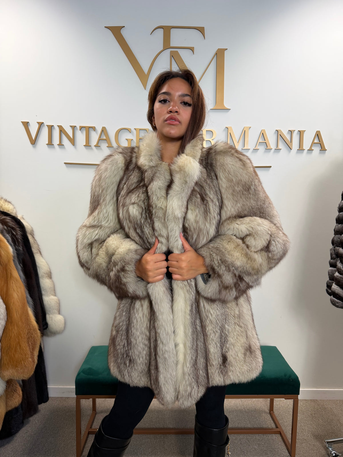 White Blue Fox Fur Coat, Dark Reflection, Medium