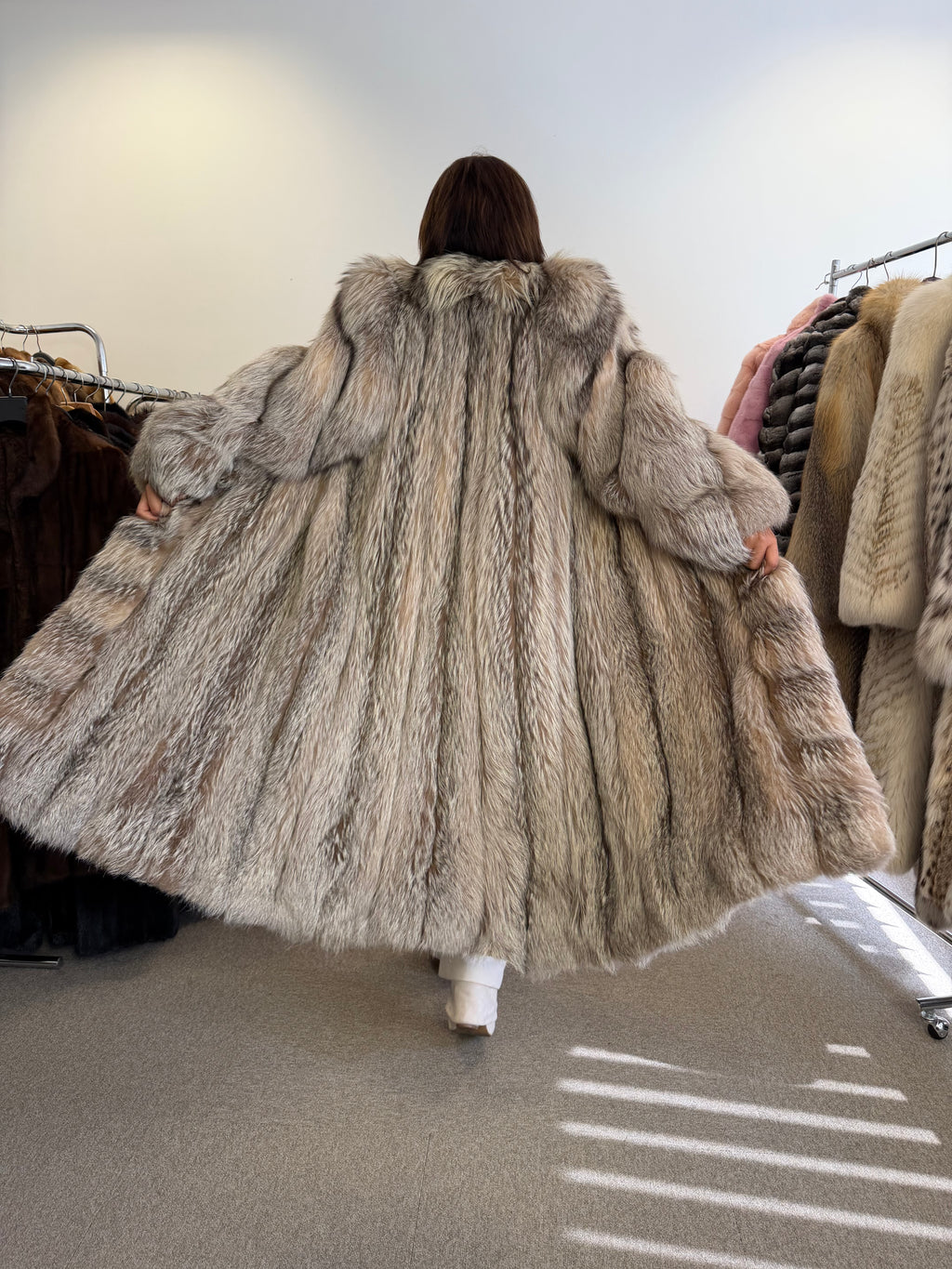 Silver Fox Fur Coat, Full Length, Size L