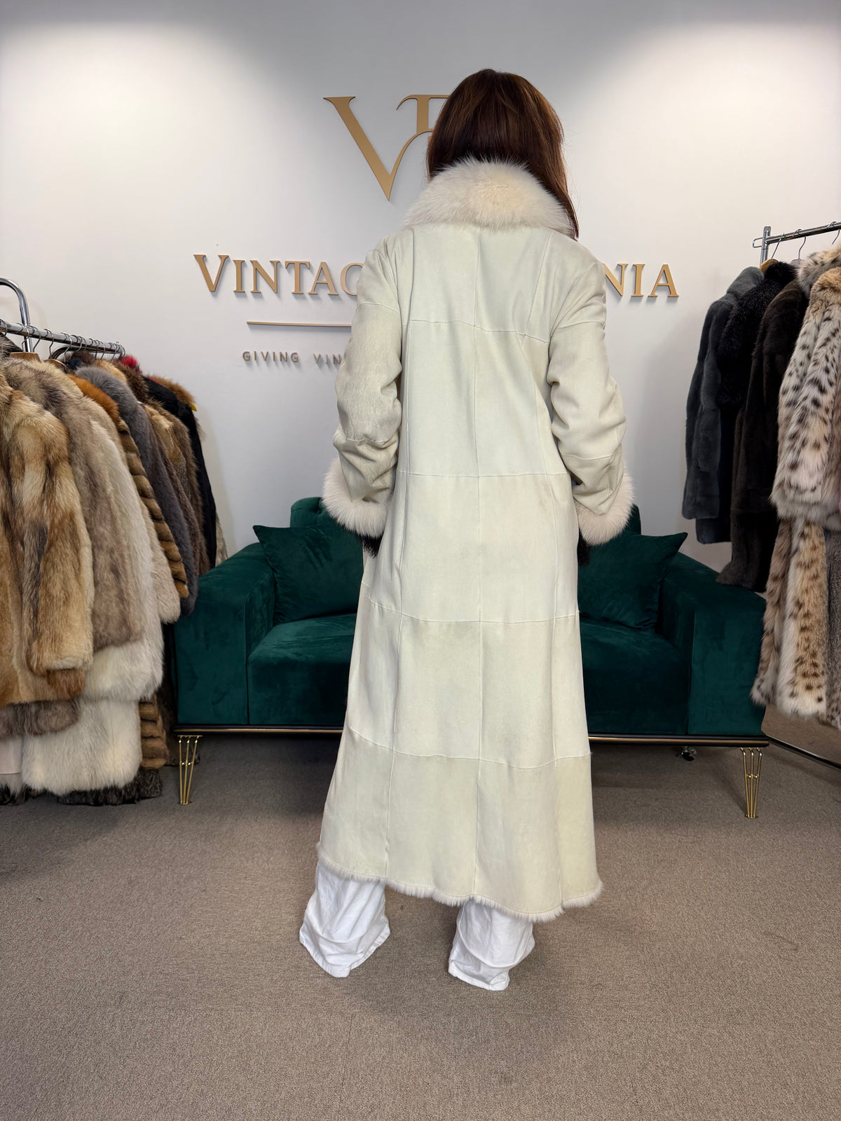 Shearling Sheepskin Coat with Fox & Shearling Collar, Medium, Full Length
