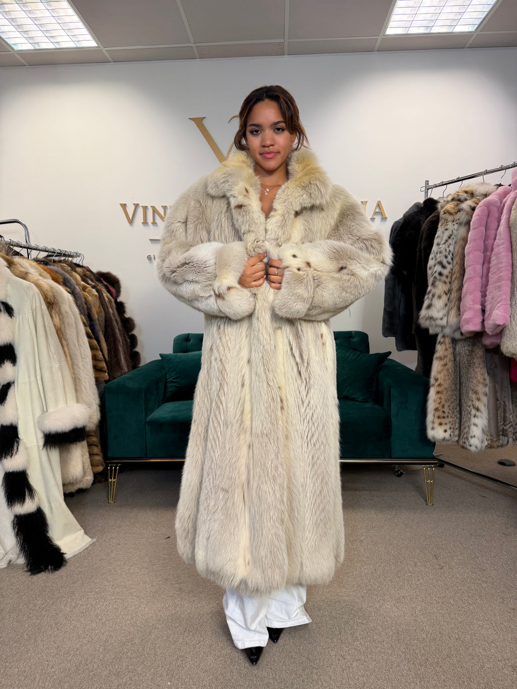 White Lynx Fox Fur Coat, Large, Full Length
